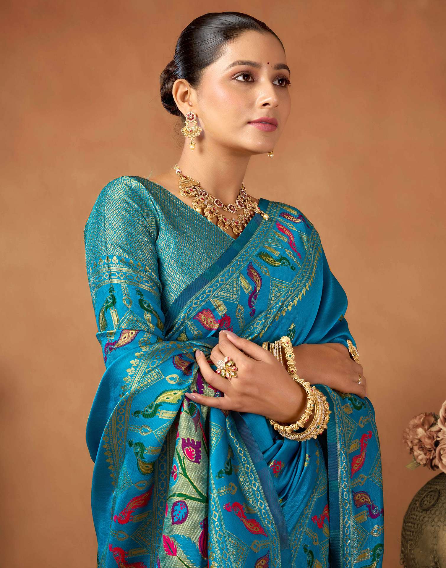 Peacock Blue Silk Woven Paithani Saree - Image 2