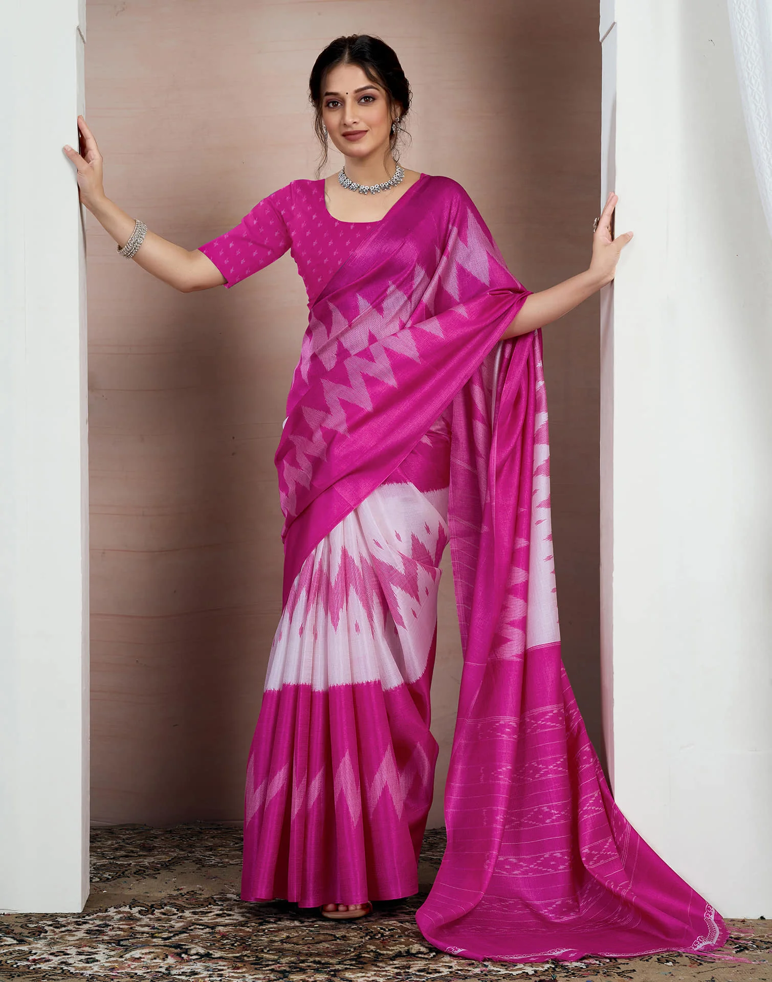 Pink Bhagalpuri Silk Printed Saree - Image 4