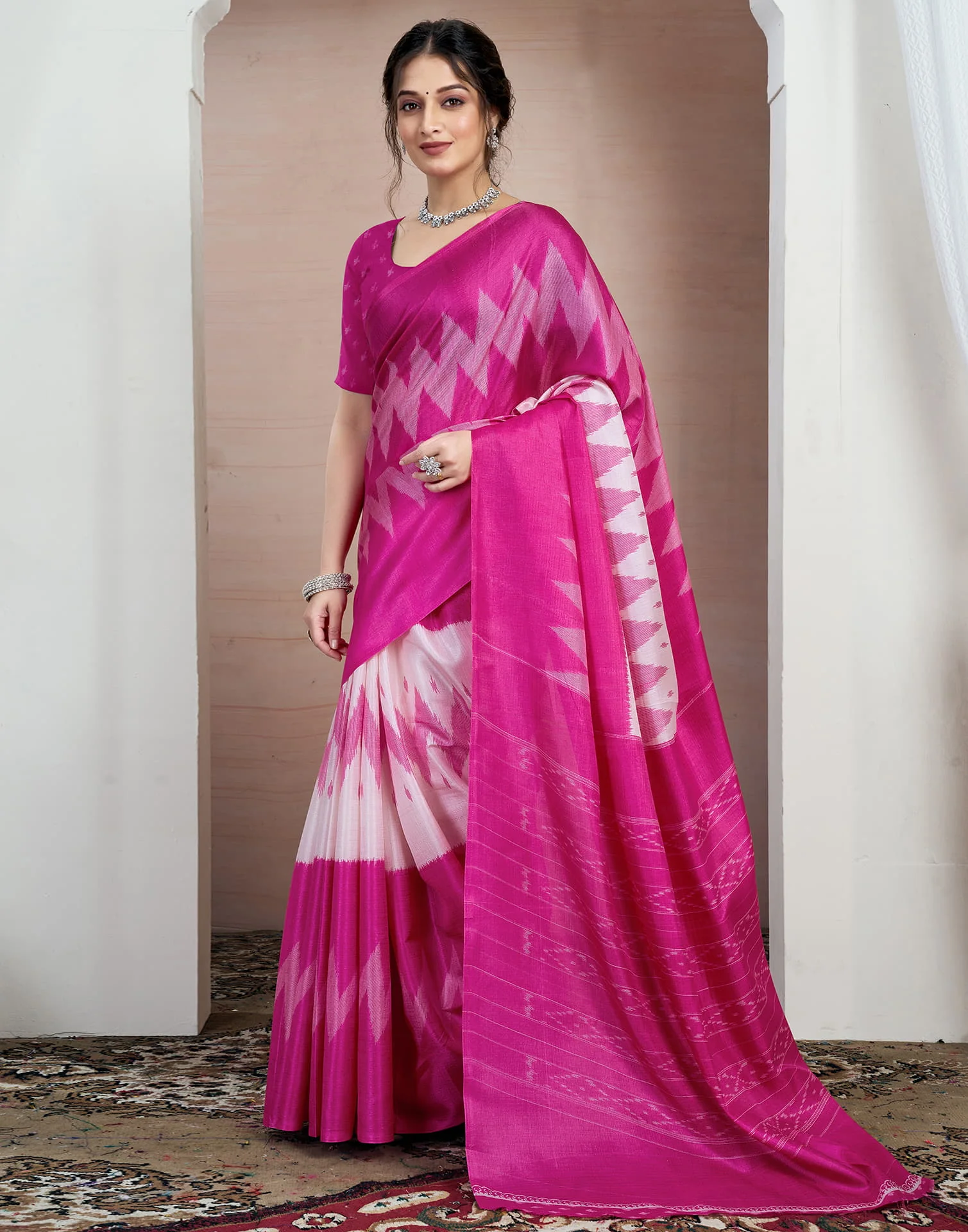 Pink Bhagalpuri Silk Printed Saree - Image 5