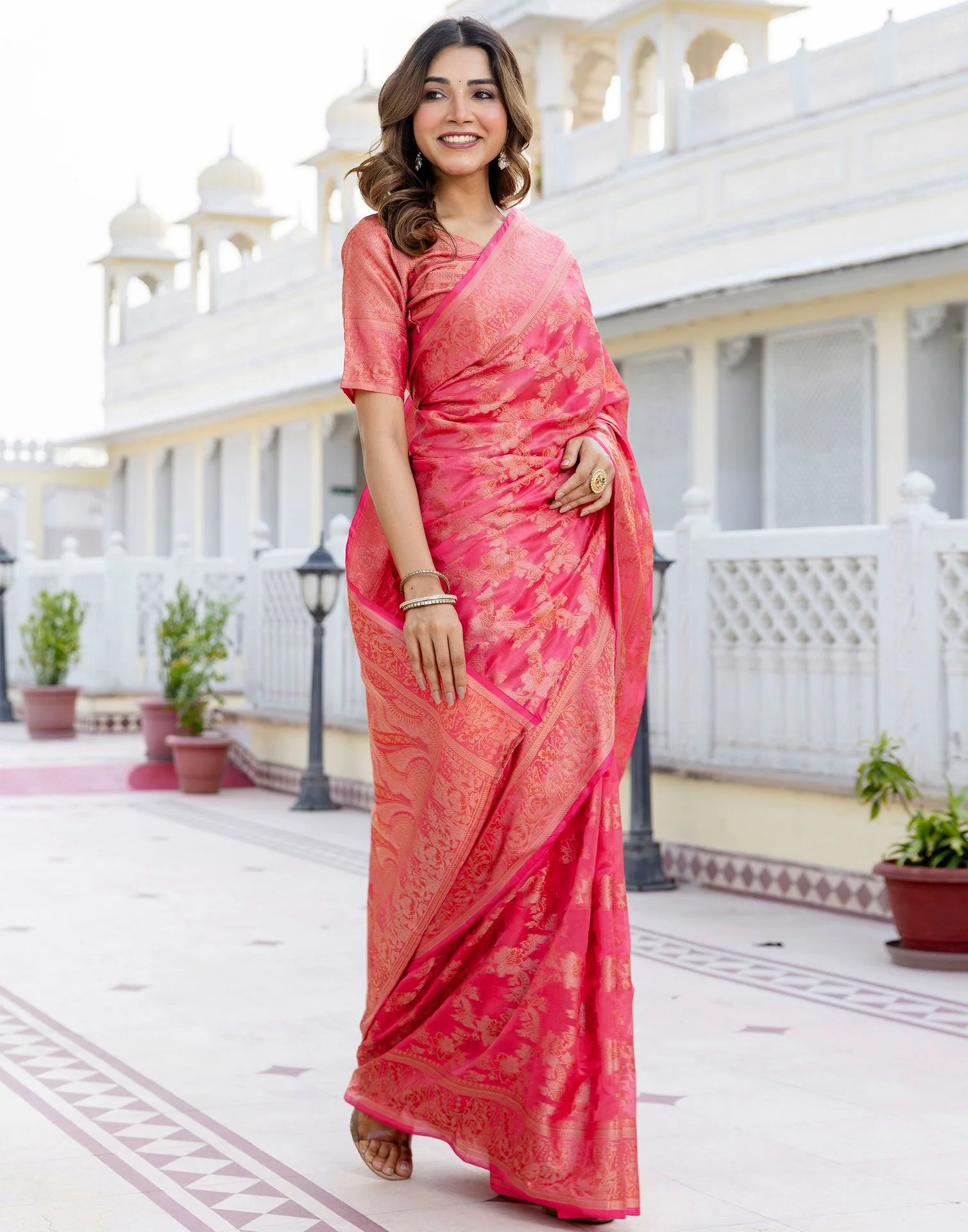 Pink Chanderi Woven Banarasi Saree - Image 7