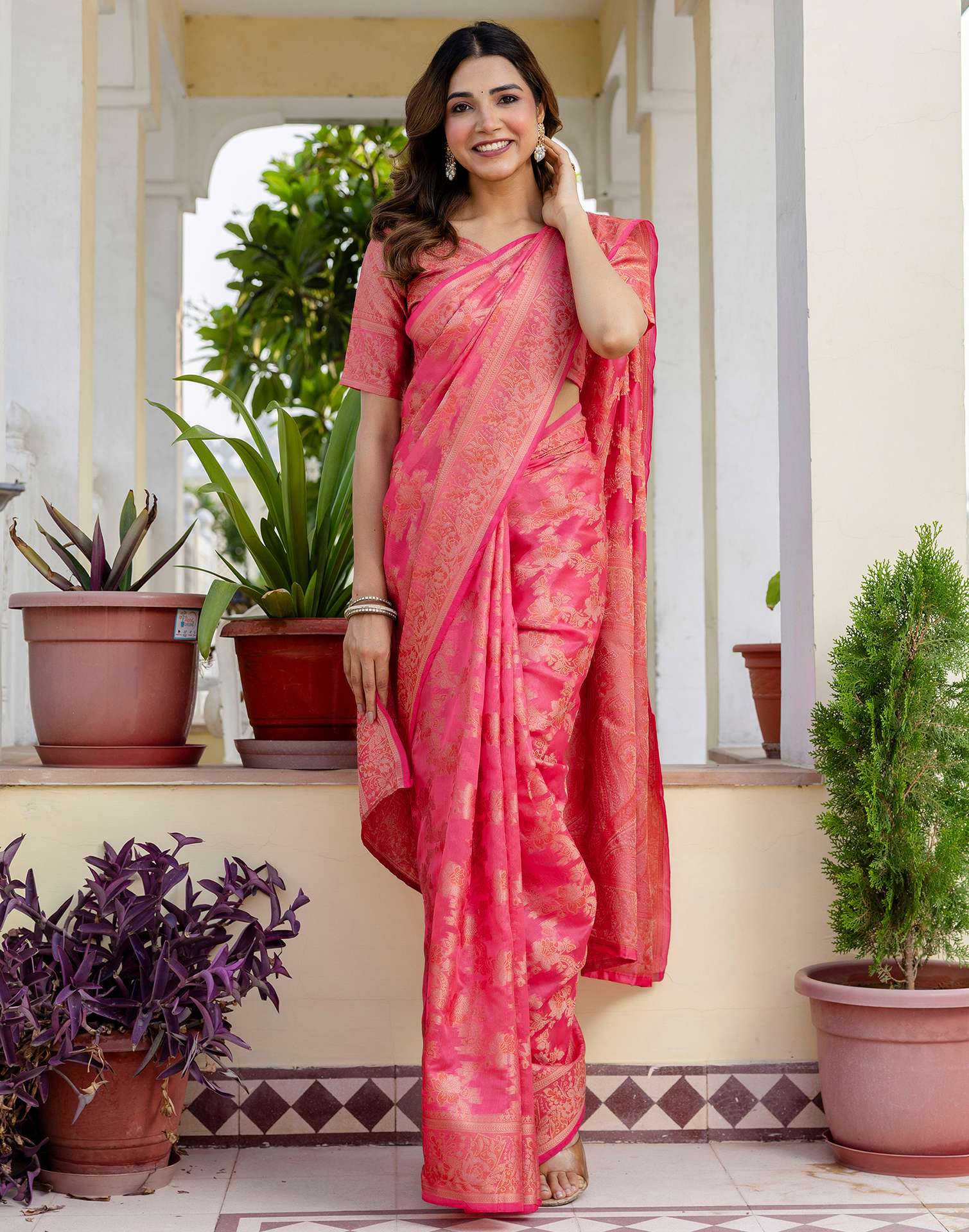 Pink Chanderi Woven Banarasi Saree - Image 9