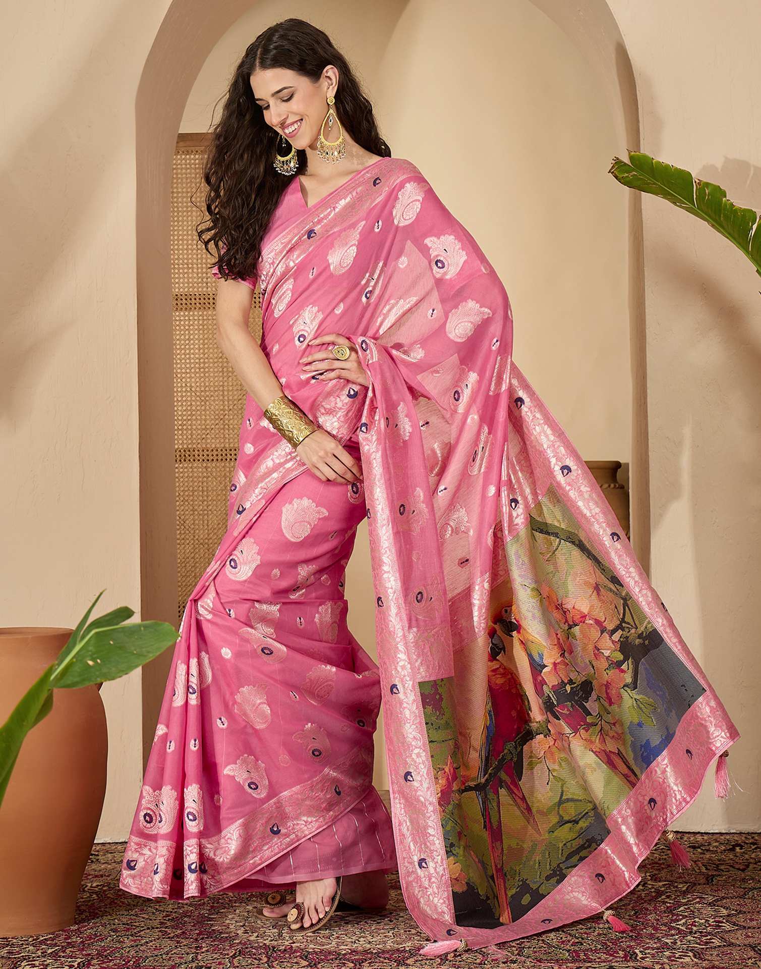 Pink Chanderi Woven Banarasi Saree - Image 5