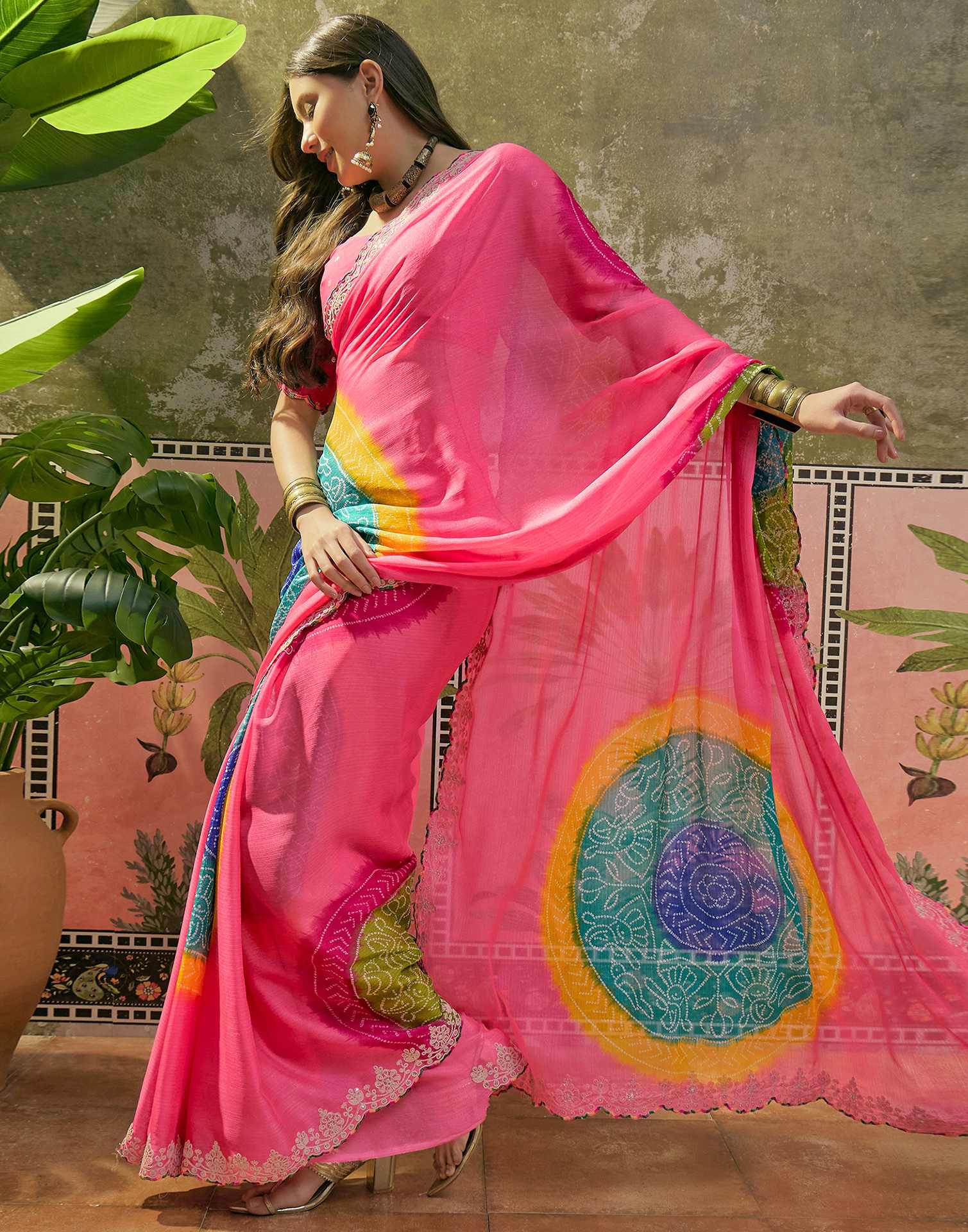 Pink Chiffon Bandhani Printed Embroidery Saree - Image 4