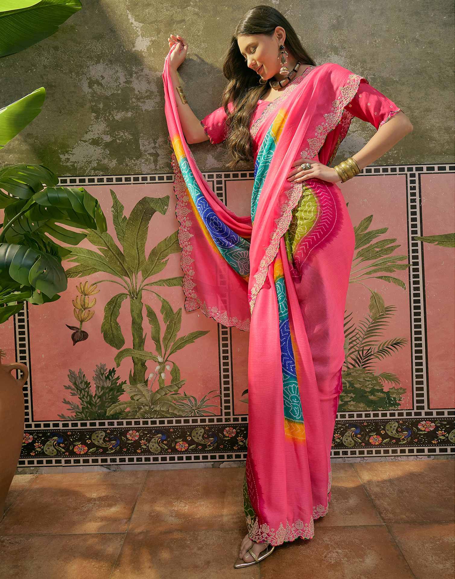 Pink Chiffon Bandhani Printed Embroidery Saree - Image 5