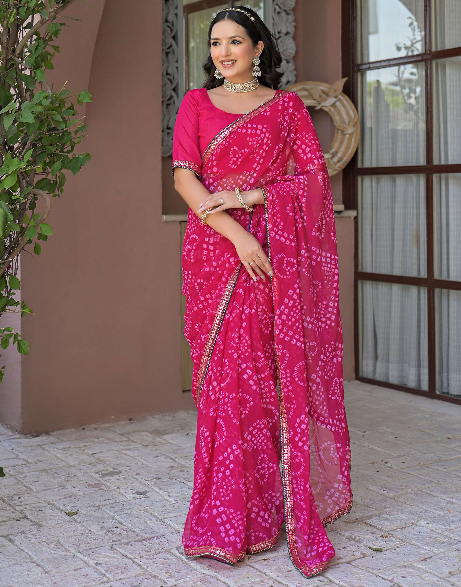 Pink Chiffon Bandhani Printed Saree - Image 7