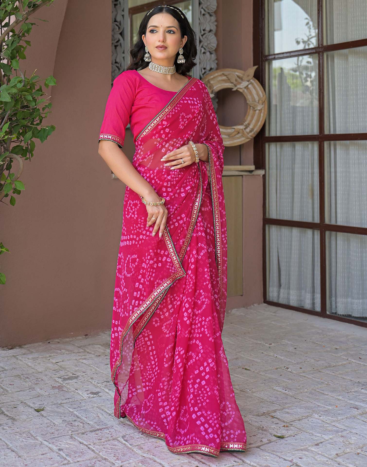 Pink Chiffon Bandhani Printed Saree - Image 8