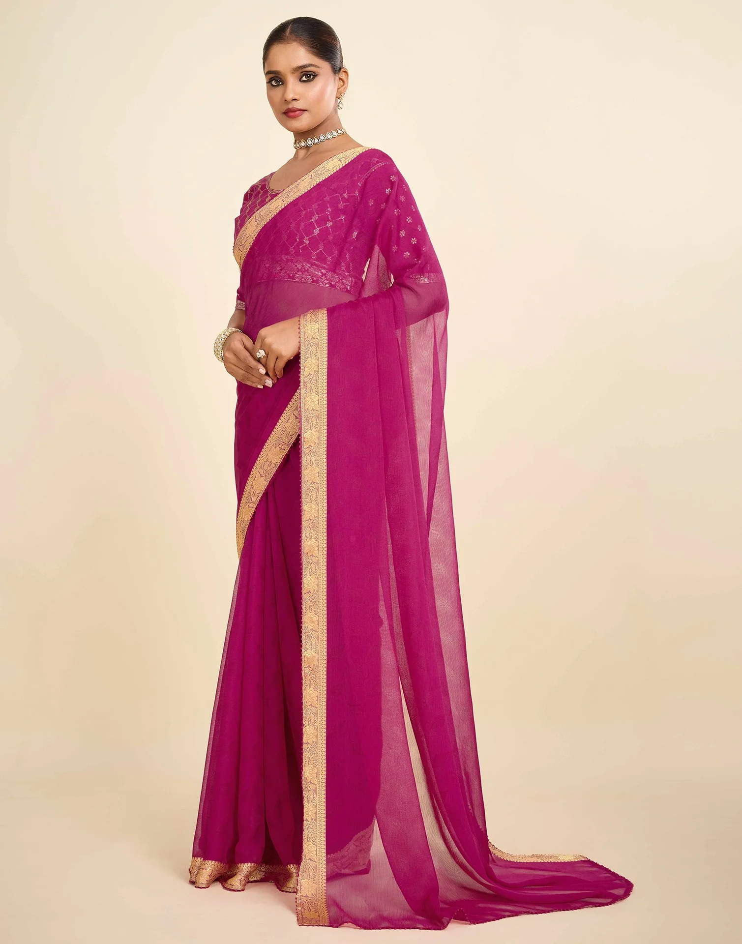 Pink Chiffon Lace Saree - Image 4