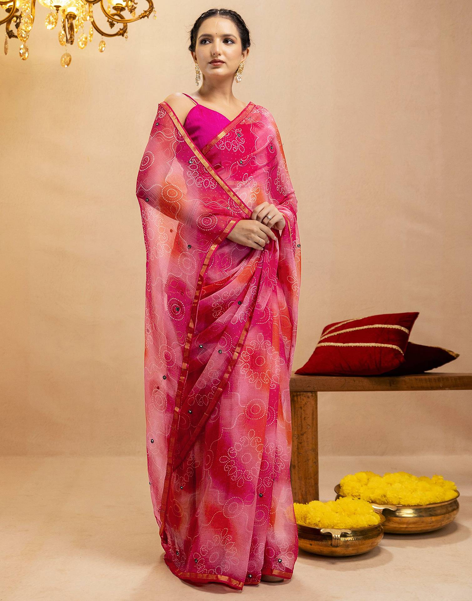 Pink Chiffon Mirror Work Bandhani Printed Saree - Image 8