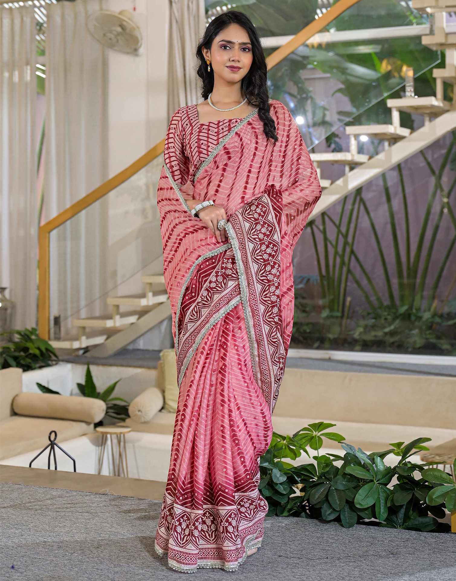 Pink Chiffon Printed Lace Saree - Image 5
