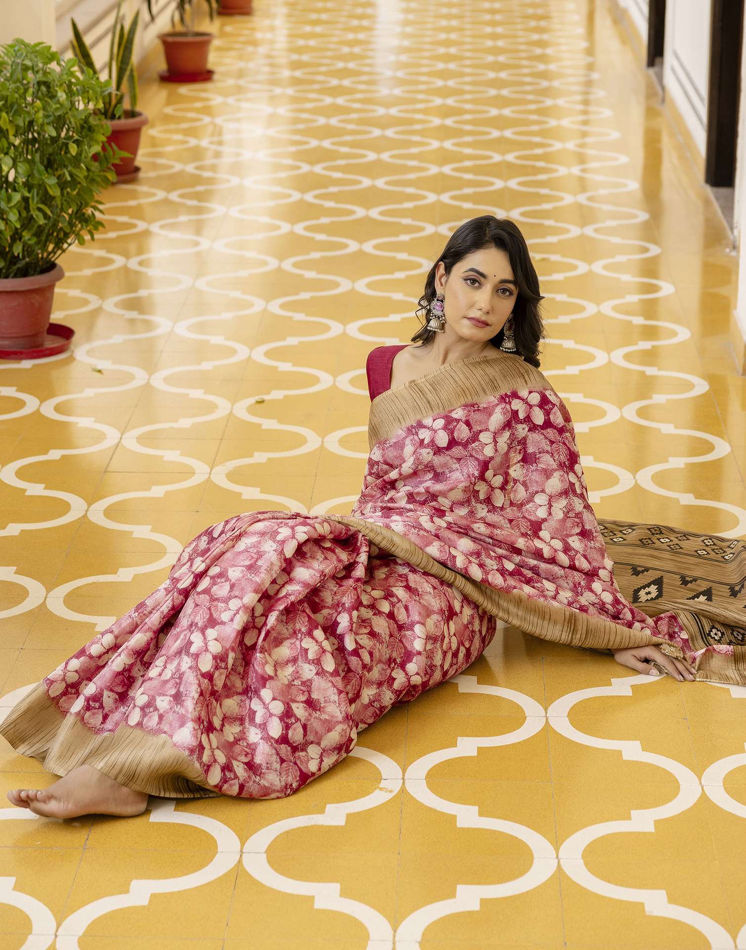 Pink Cotton Blend Printed Saree - Image 7