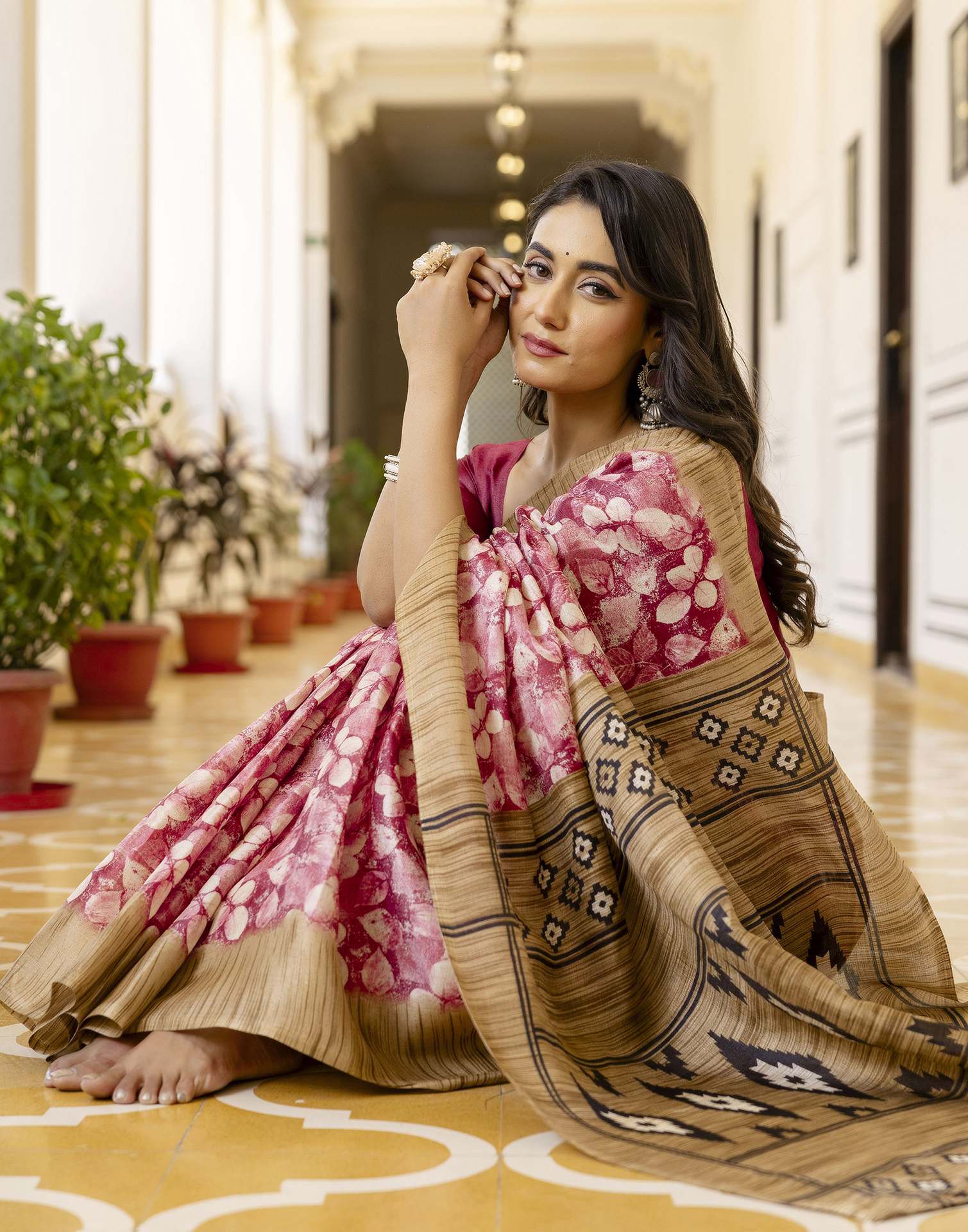 Pink Cotton Blend Printed Saree - Image 8