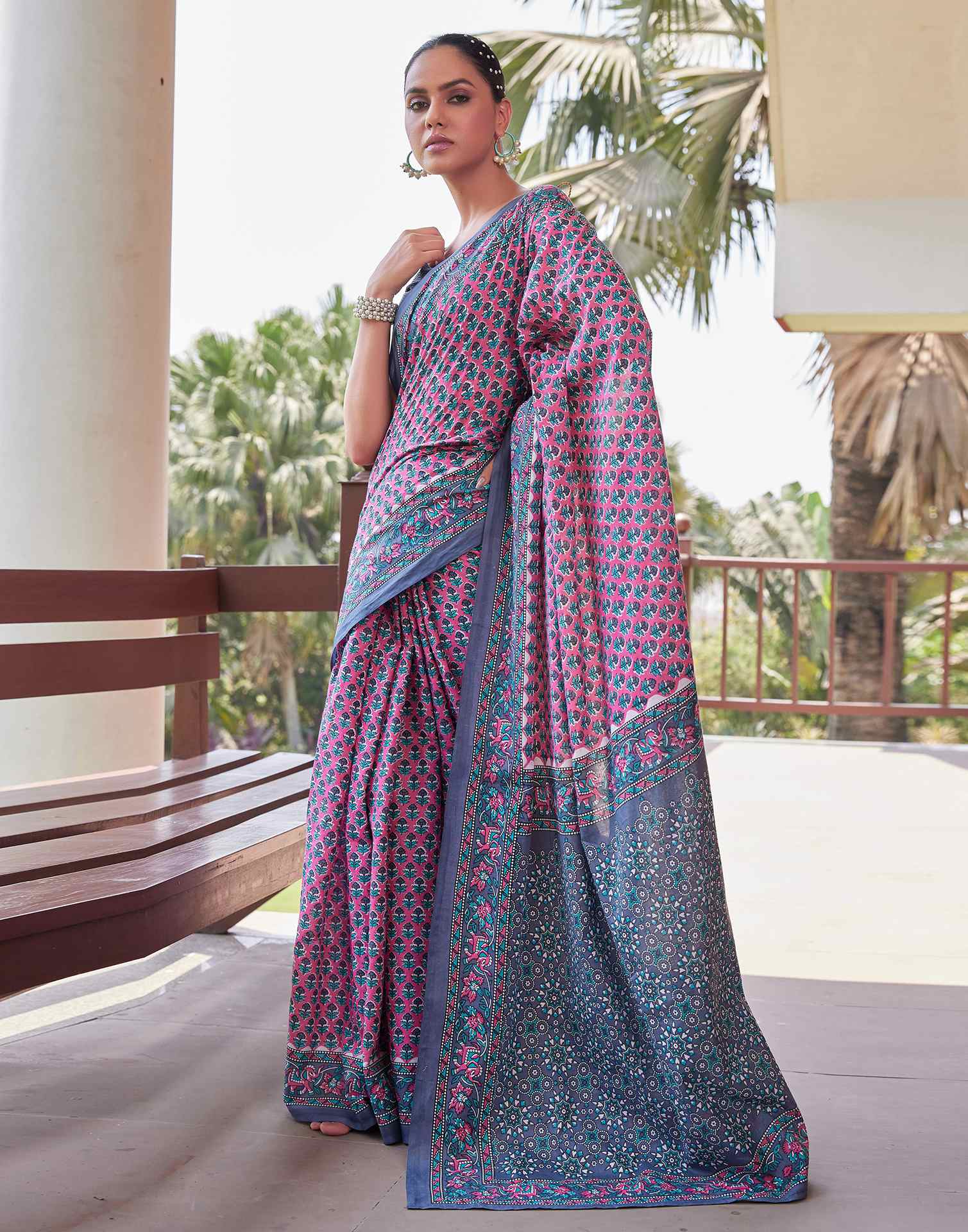 Pink Cotton Printed Saree - Image 5