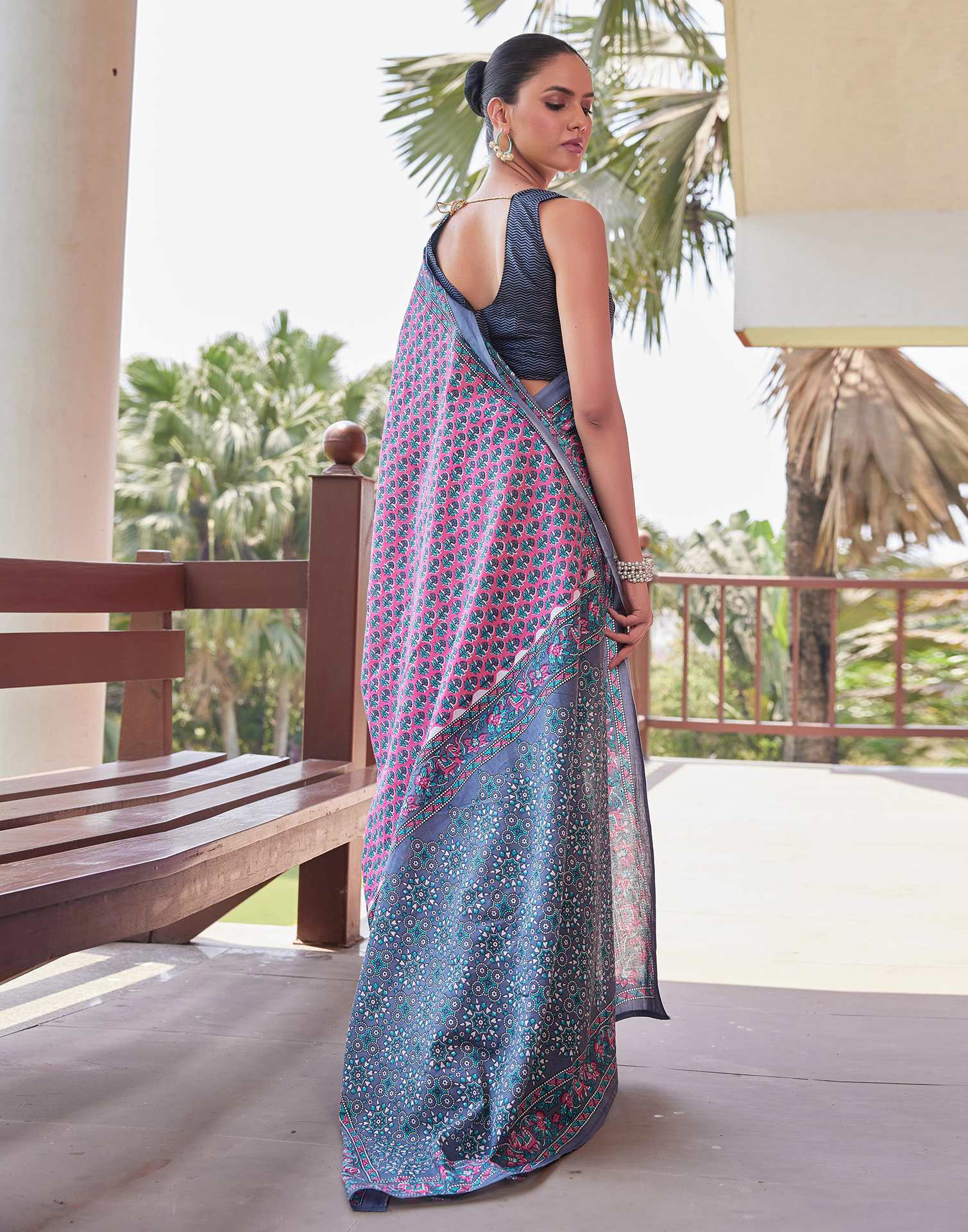 Pink Cotton Printed Saree - Image 6
