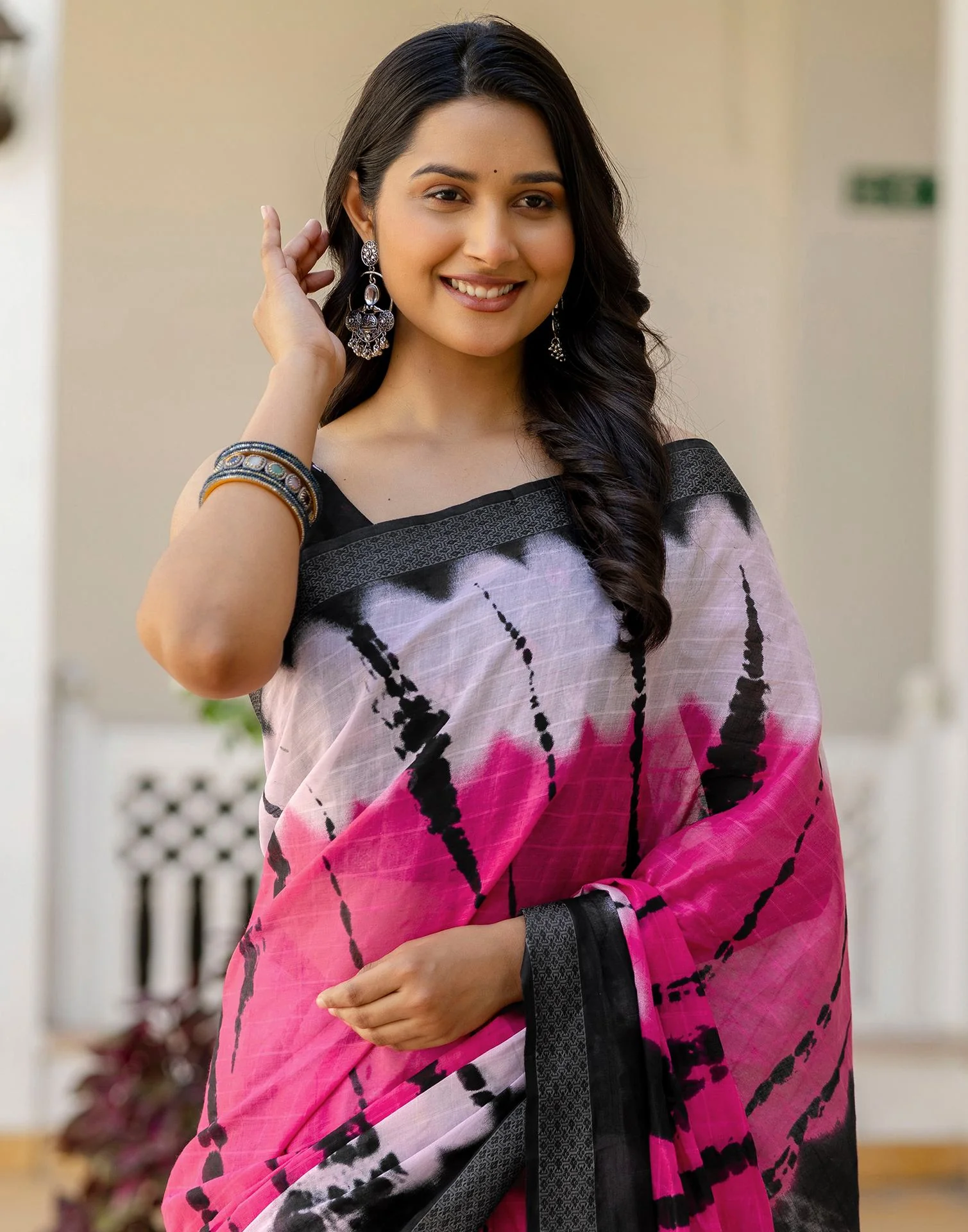 Pink Cotton Printed Woven Border Saree