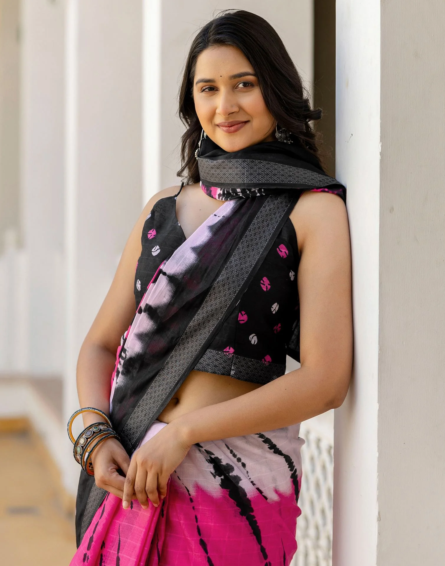 Pink Cotton Printed Woven Border Saree - Image 4