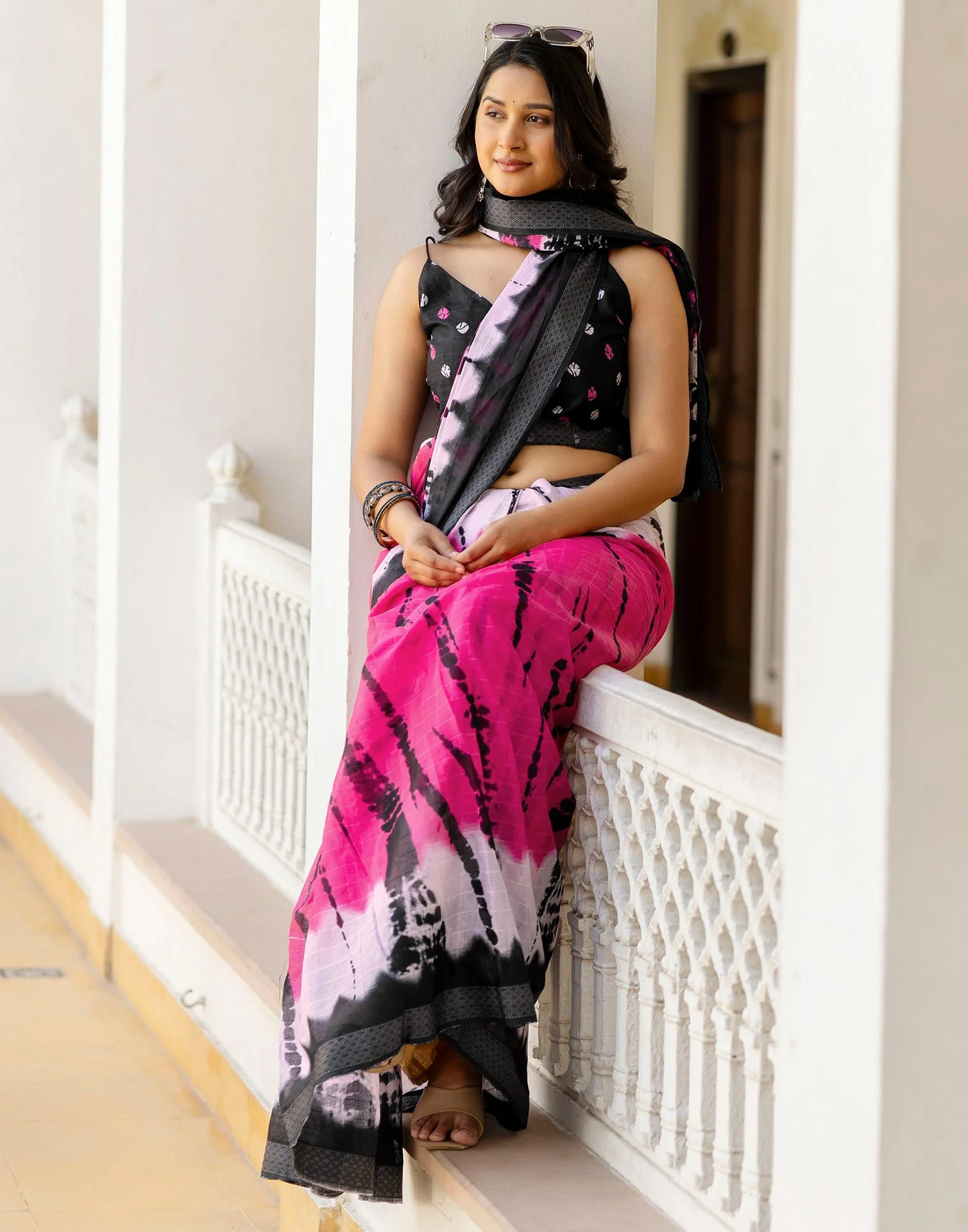 Pink Cotton Printed Woven Border Saree - Image 9