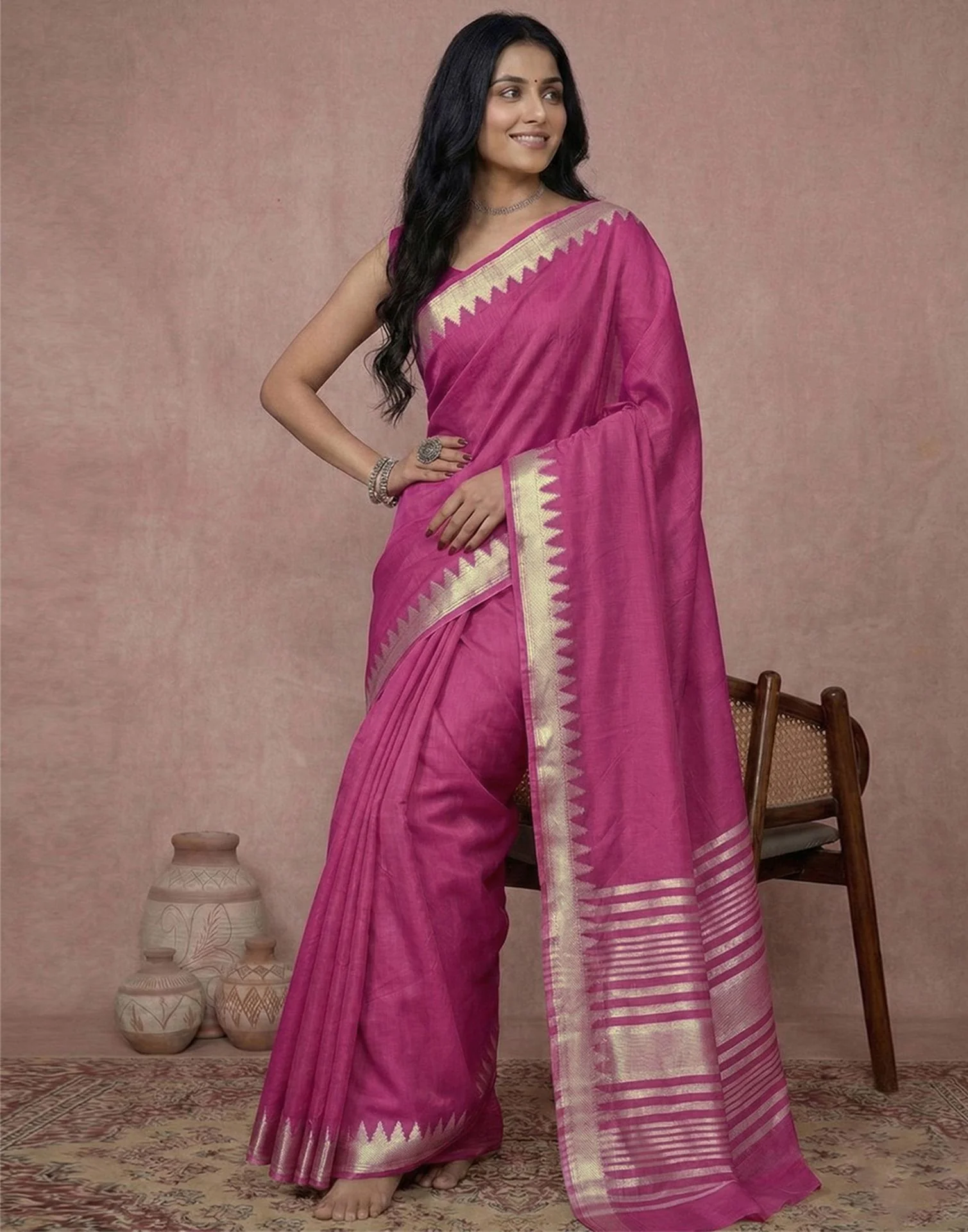 Pink Cotton Silk Woven Border Saree - Image 4