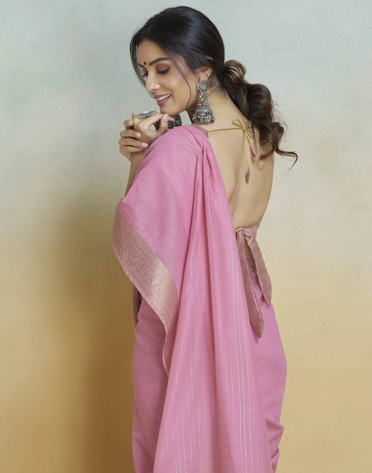 Pink Cotton Woven Zari Stripe Saree - Image 4