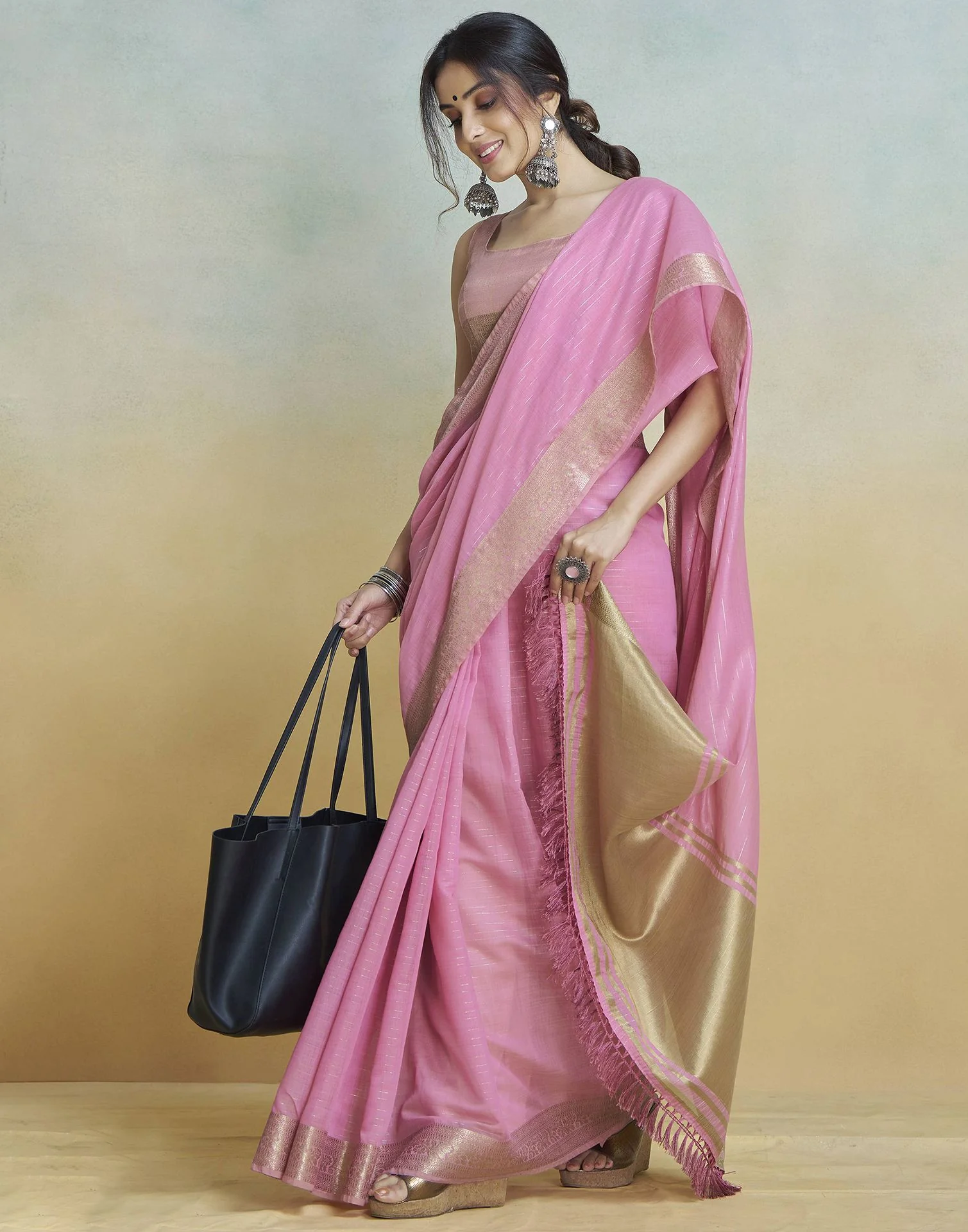 Pink Cotton Woven Zari Stripe Saree - Image 5