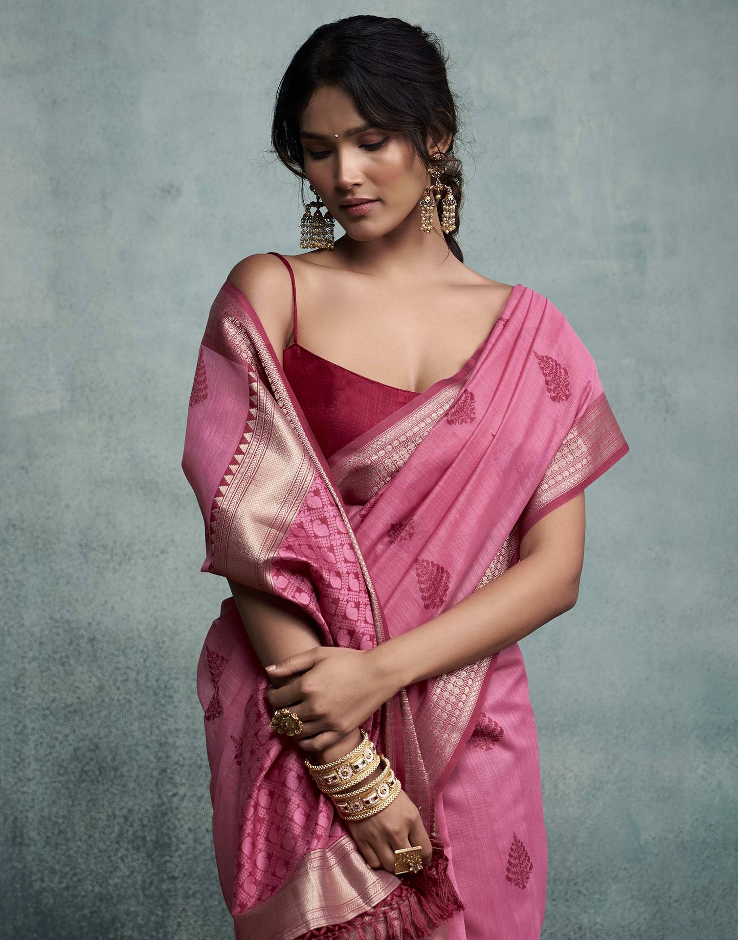 Pink Cotton Woven Saree - Image 2
