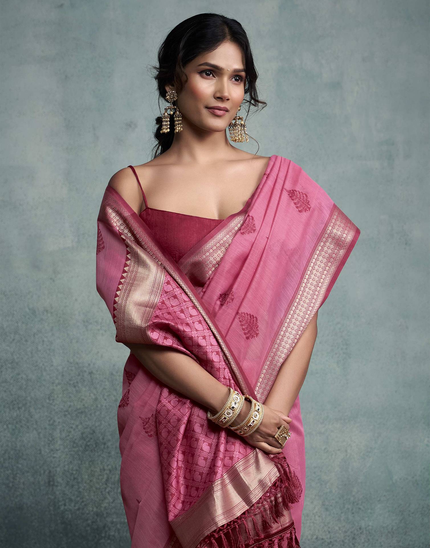 Pink Cotton Woven Saree - Image 4