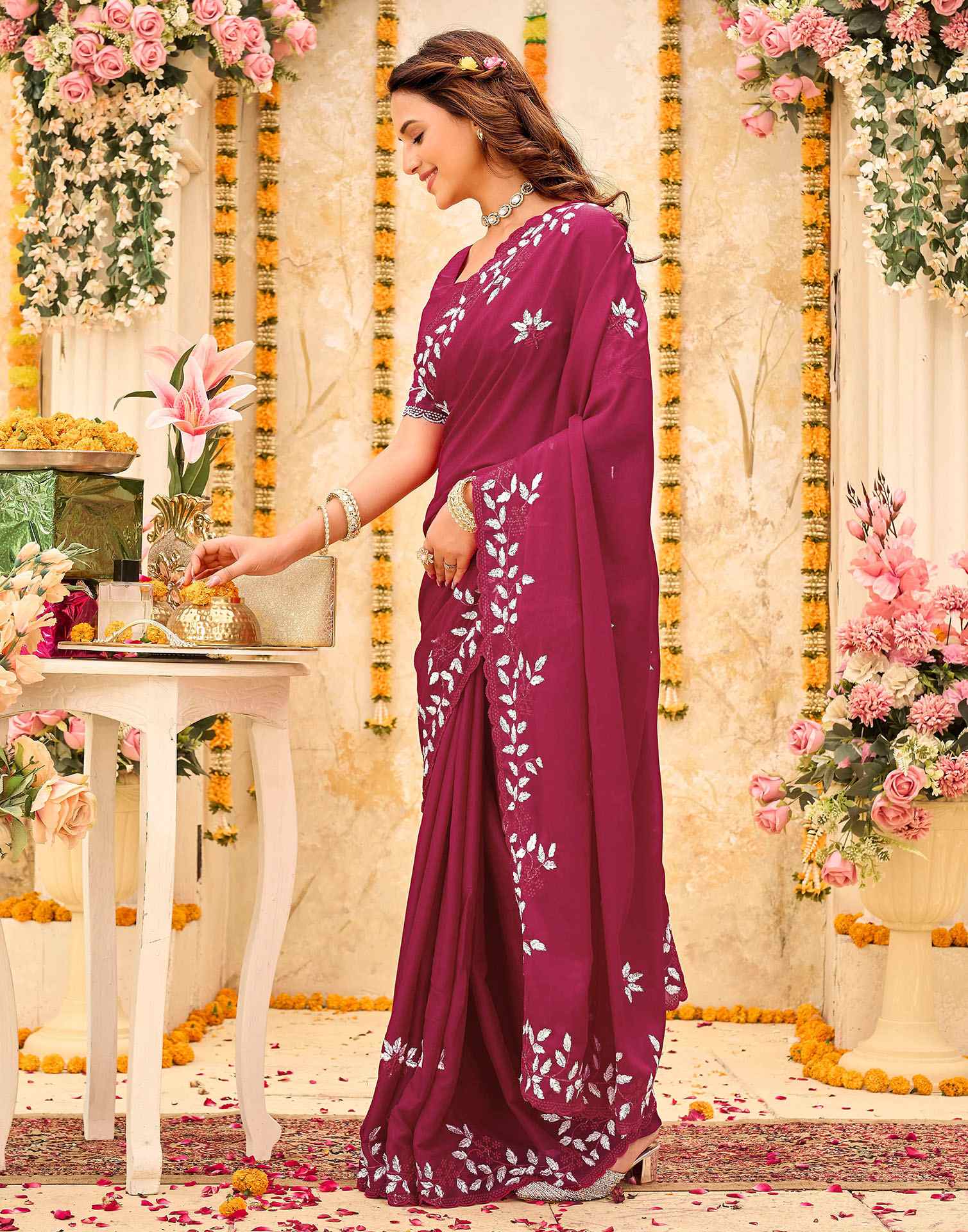 Pink Georgette Embroidery Saree - Image 2