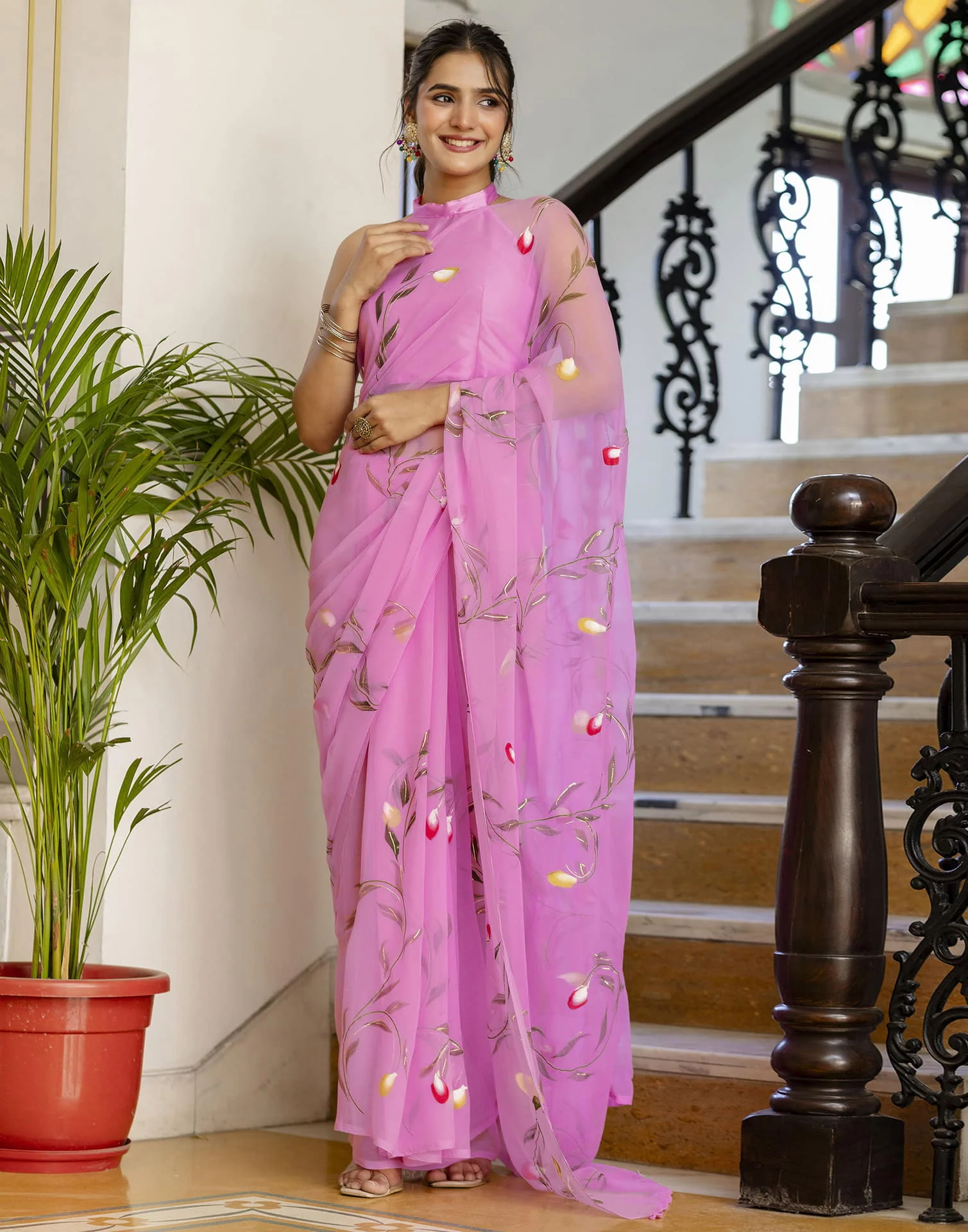 Pink Georgette Foil Printed Saree - Image 18
