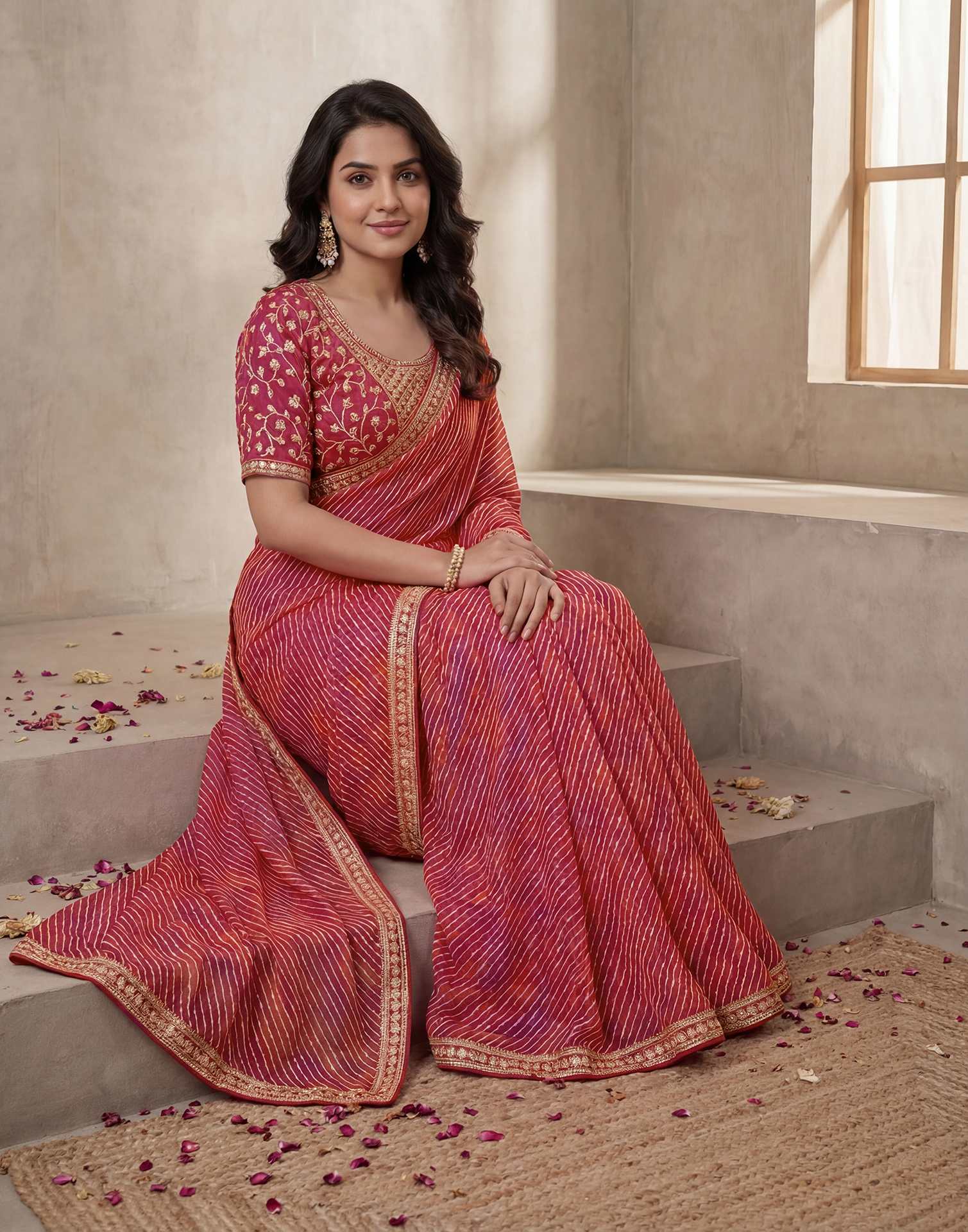 Pink Georgette Laheriya Printed Saree - Image 2
