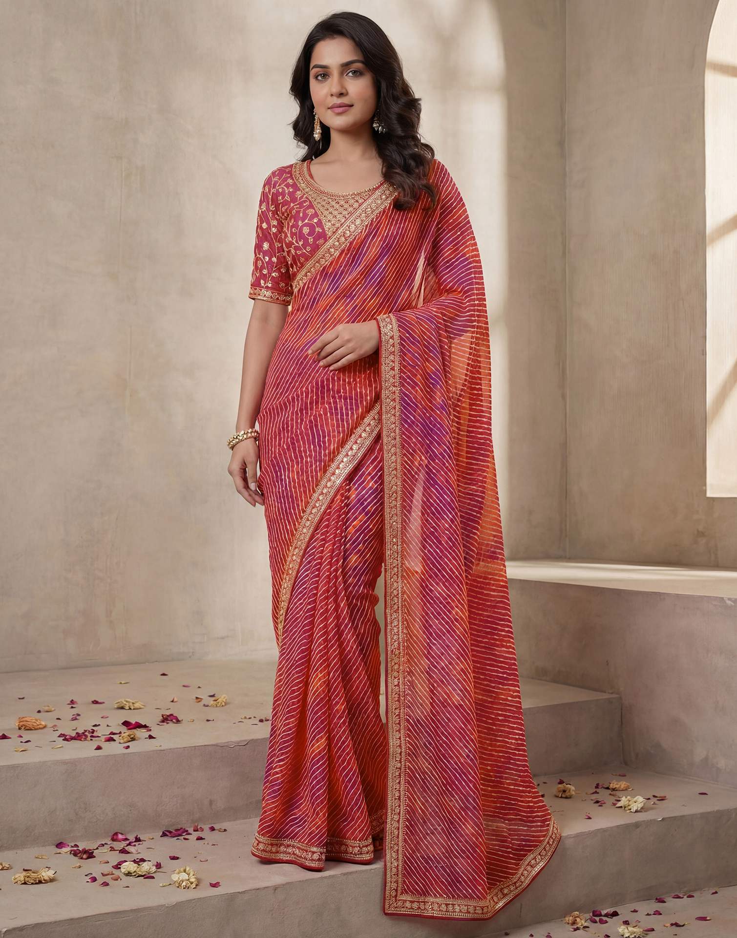 Pink Georgette Laheriya Printed Saree - Image 4