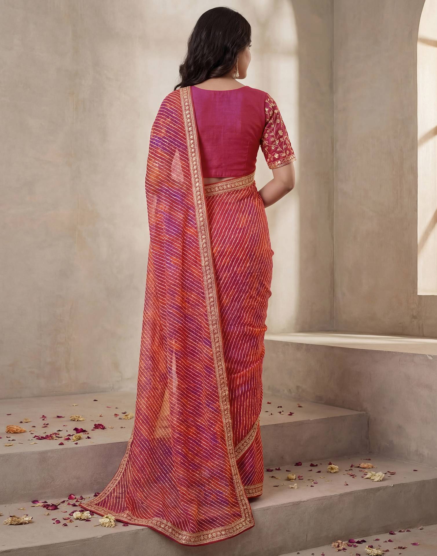 Pink Georgette Laheriya Printed Saree - Image 5