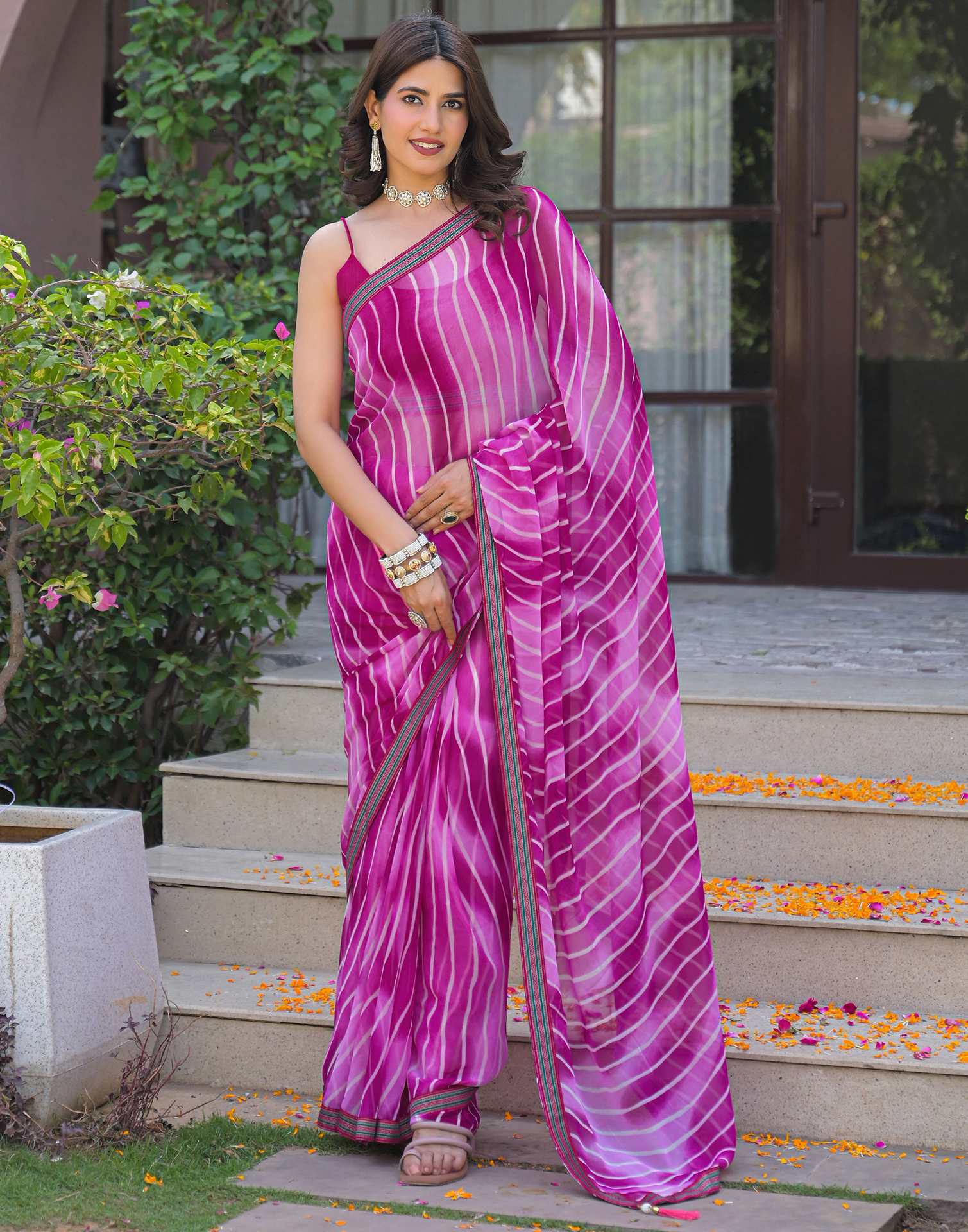 Pink Georgette Laheriya Printed Saree - Image 7
