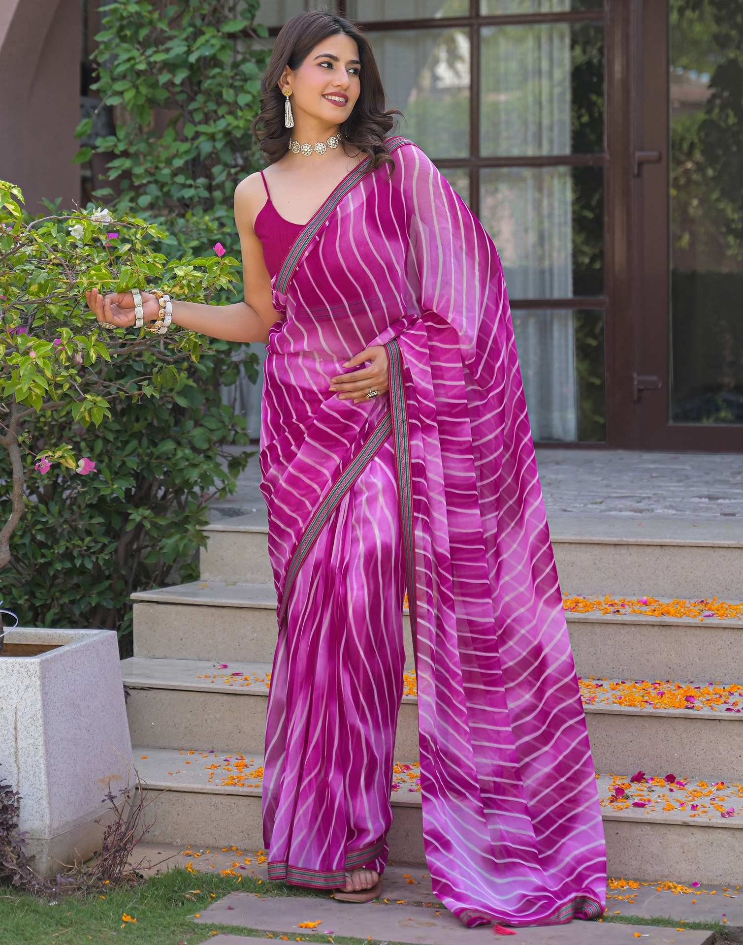 Pink Georgette Laheriya Printed Saree - Image 9