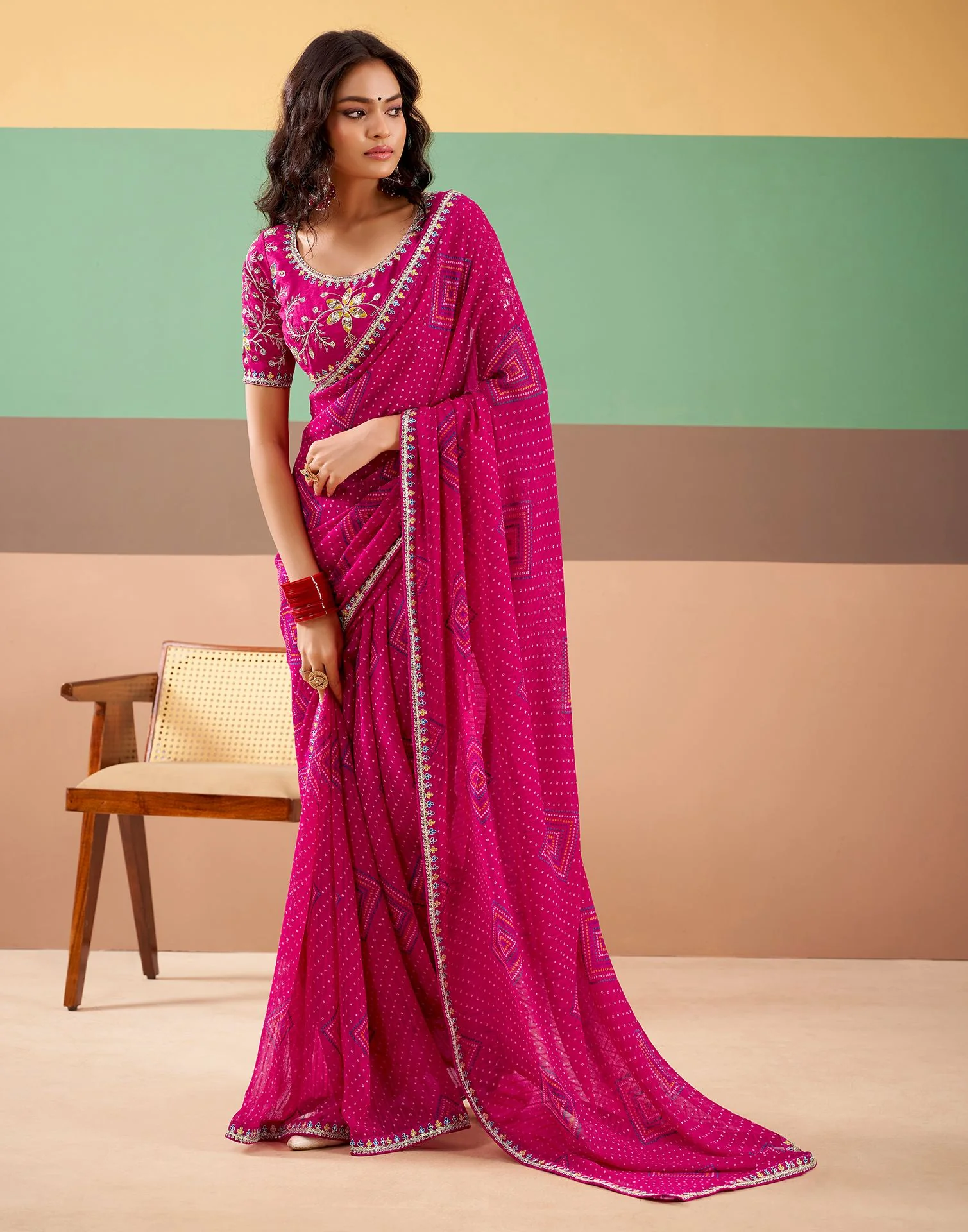 Pink Georgette Printed Bandhani Saree - Image 2