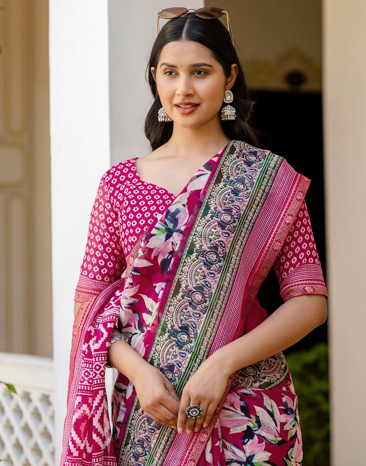Pink Georgette Printed Lace Saree - Image 10