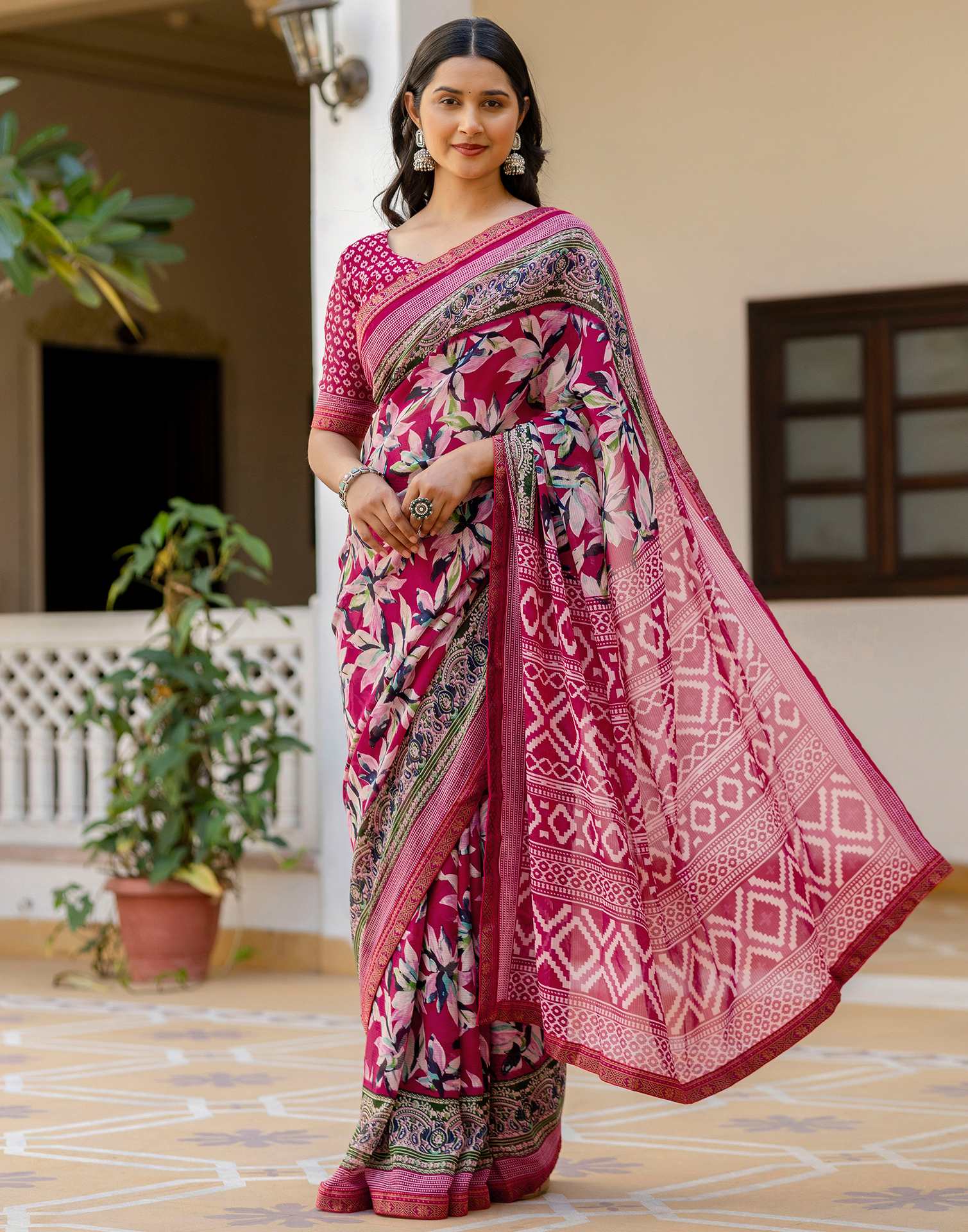 Pink Georgette Printed Lace Saree - Image 2
