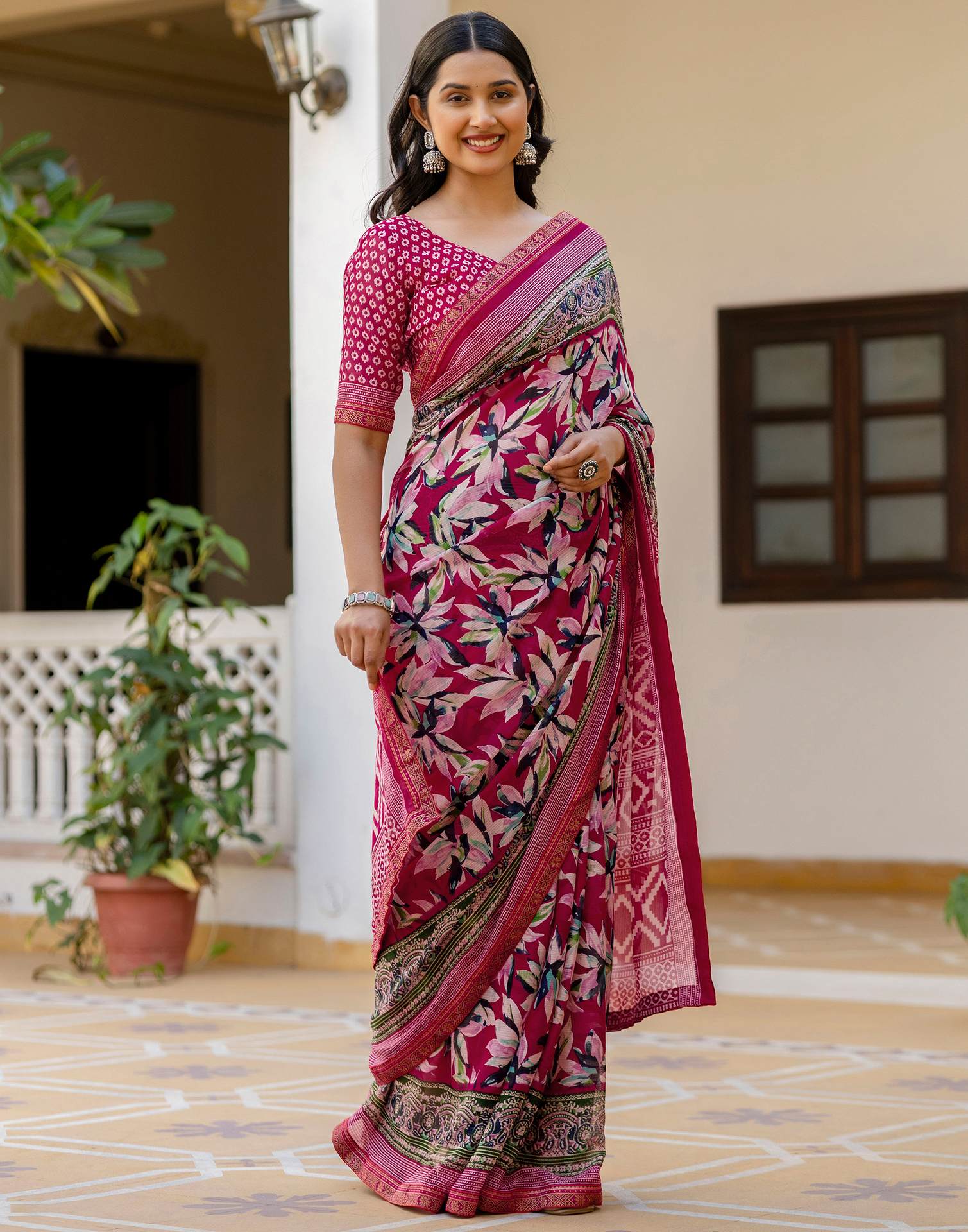 Pink Georgette Printed Lace Saree - Image 5