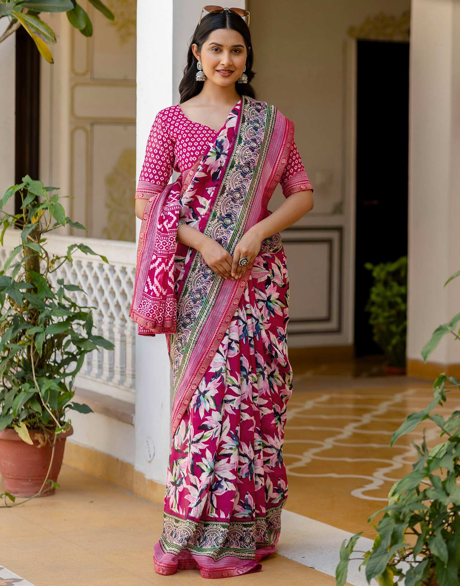 Pink Georgette Printed Lace Saree - Image 9