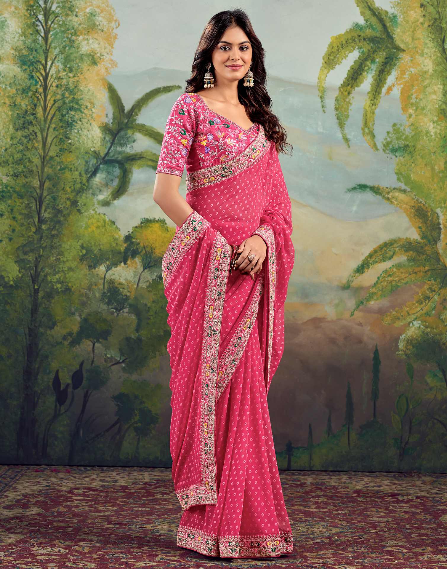Pink Georgette Sequence Bandhani Saree - Image 4