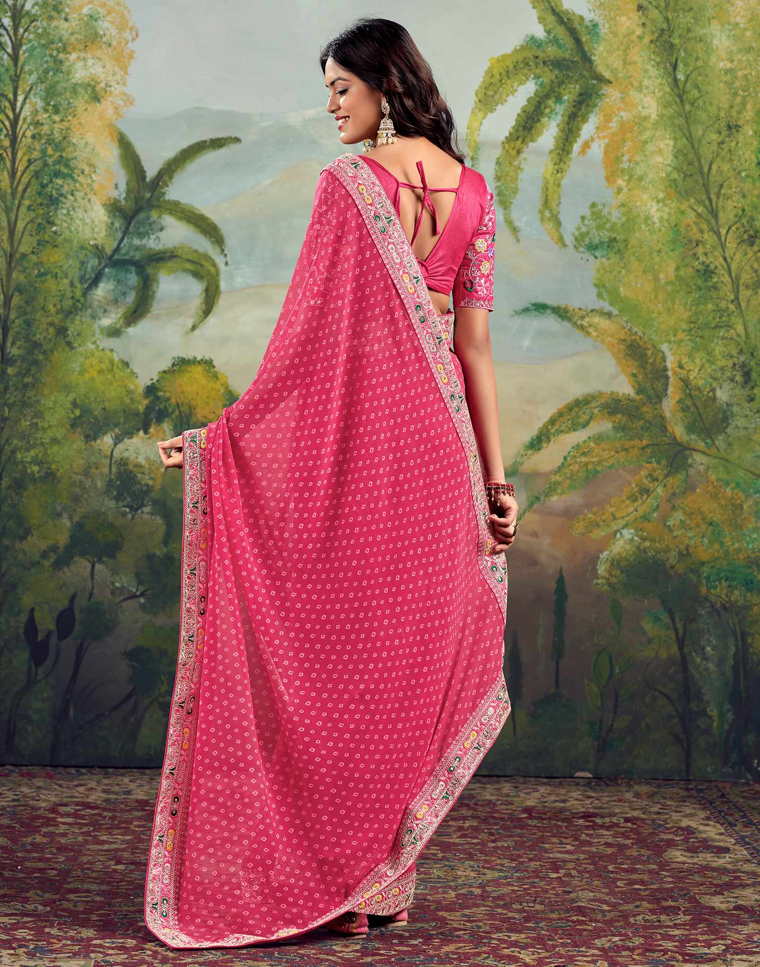 Pink Georgette Sequence Bandhani Saree - Image 5