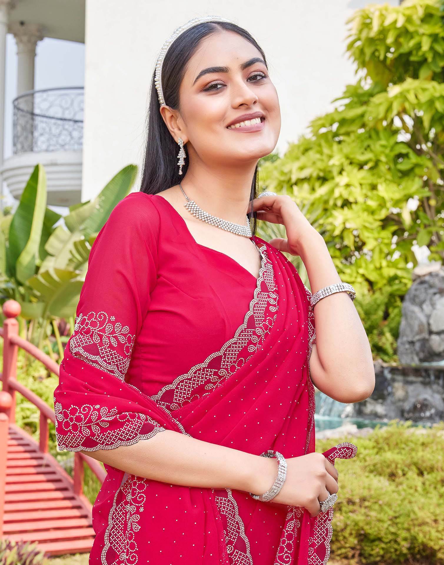 Pink Georgette Stone Work Swarovski Saree - Image 2