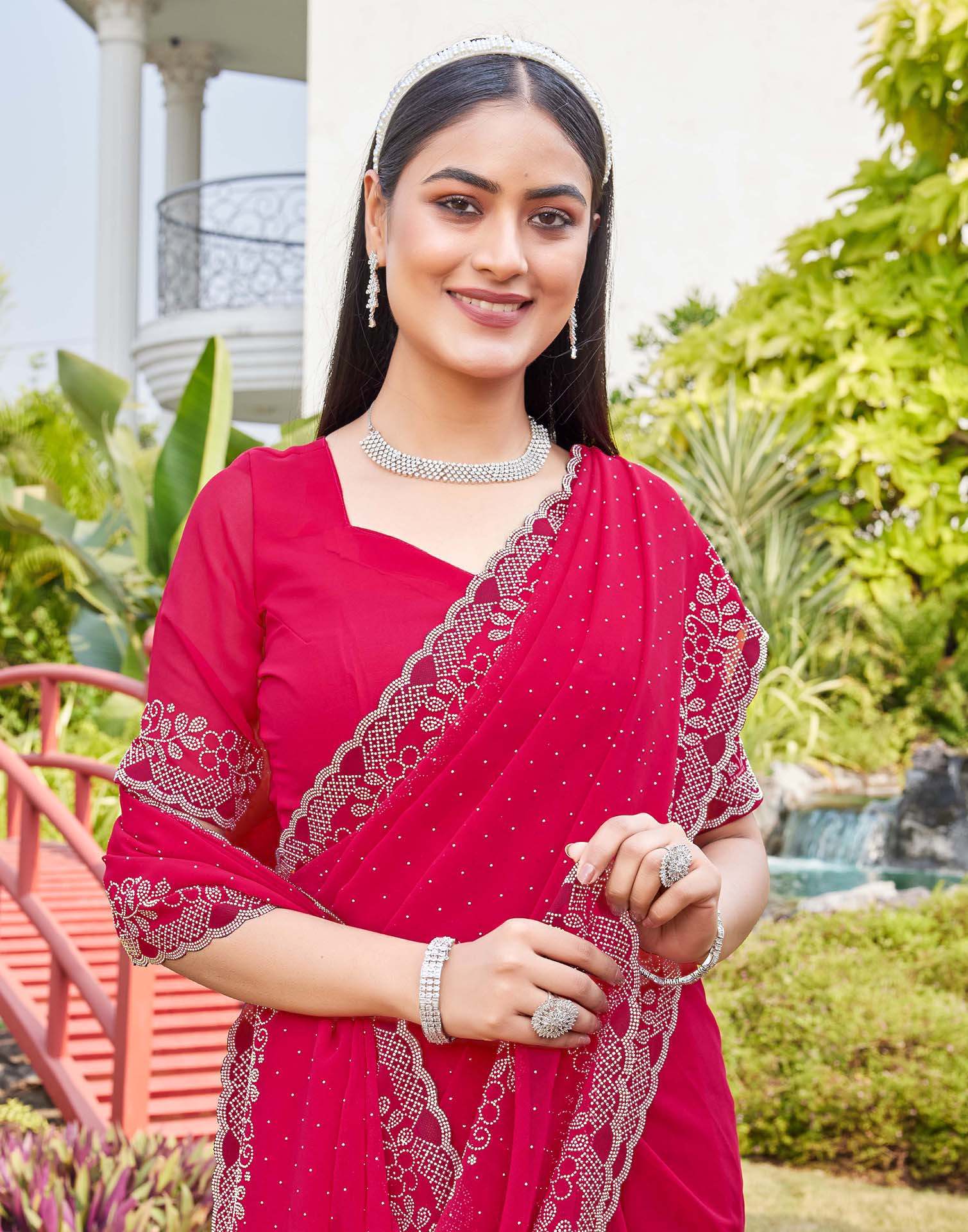 Pink Georgette Stone Work Swarovski Saree - Image 4