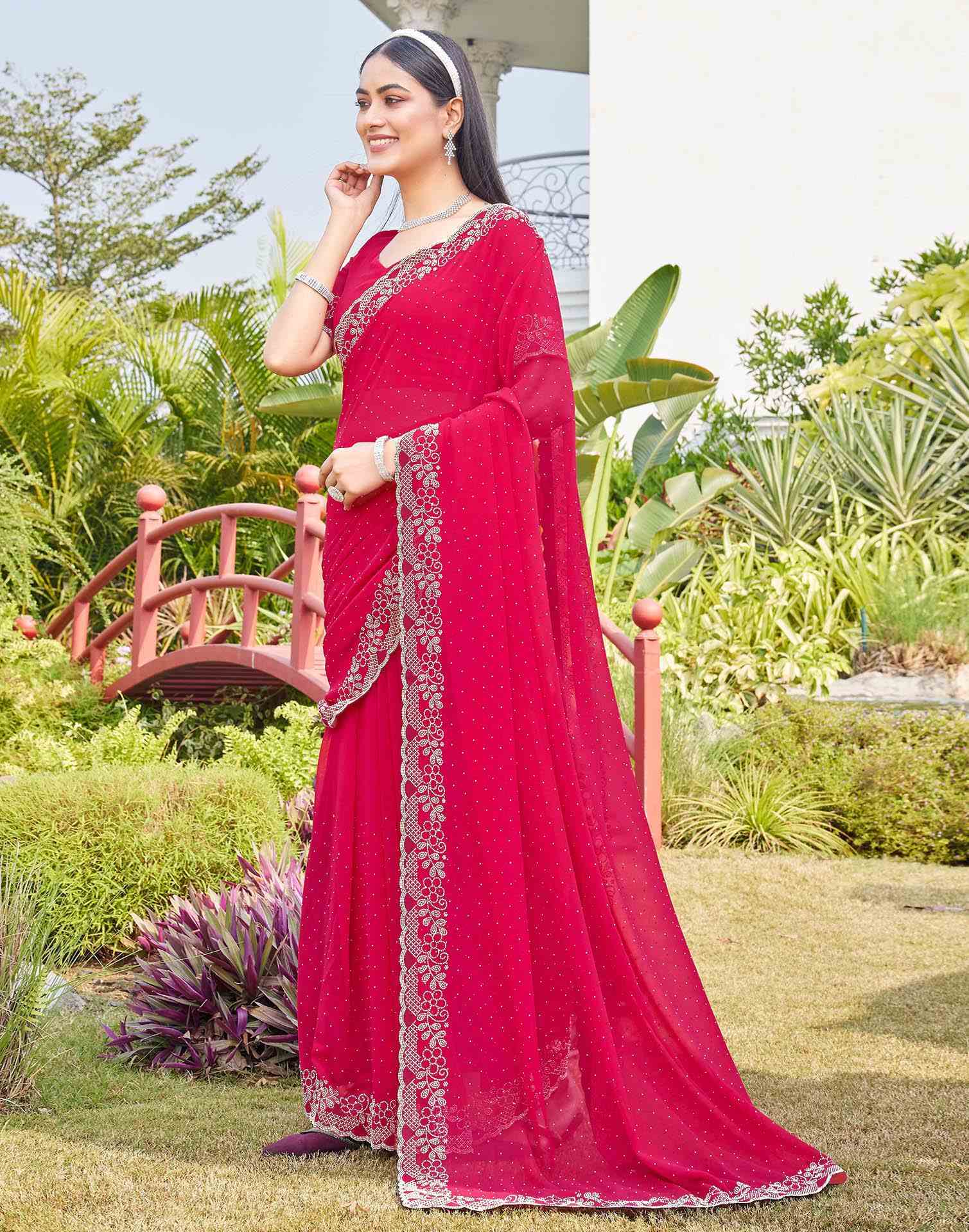 Pink Georgette Stone Work Swarovski Saree - Image 5