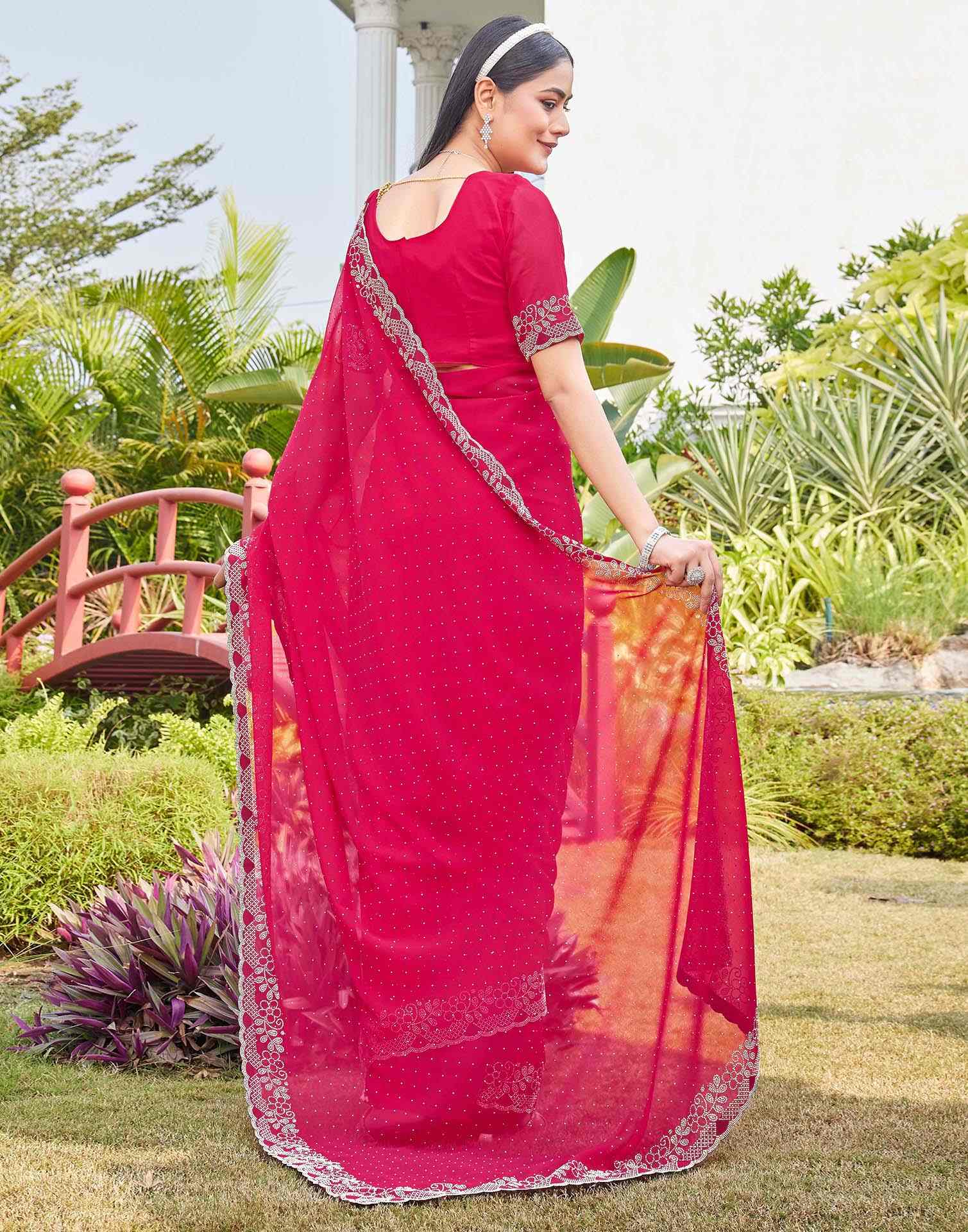 Pink Georgette Stone Work Swarovski Saree - Image 7