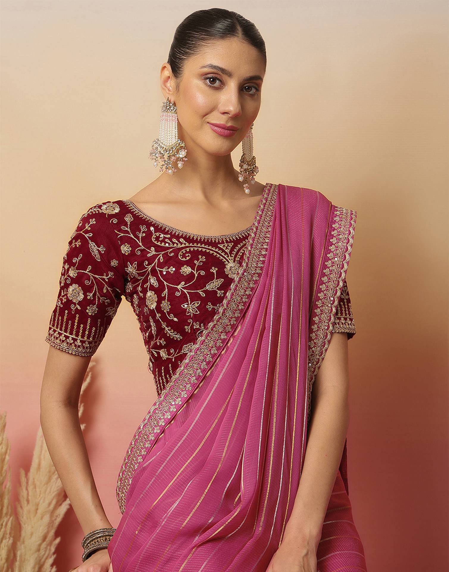 Pink Georgette Zari Stripe Lace Saree - Image 2