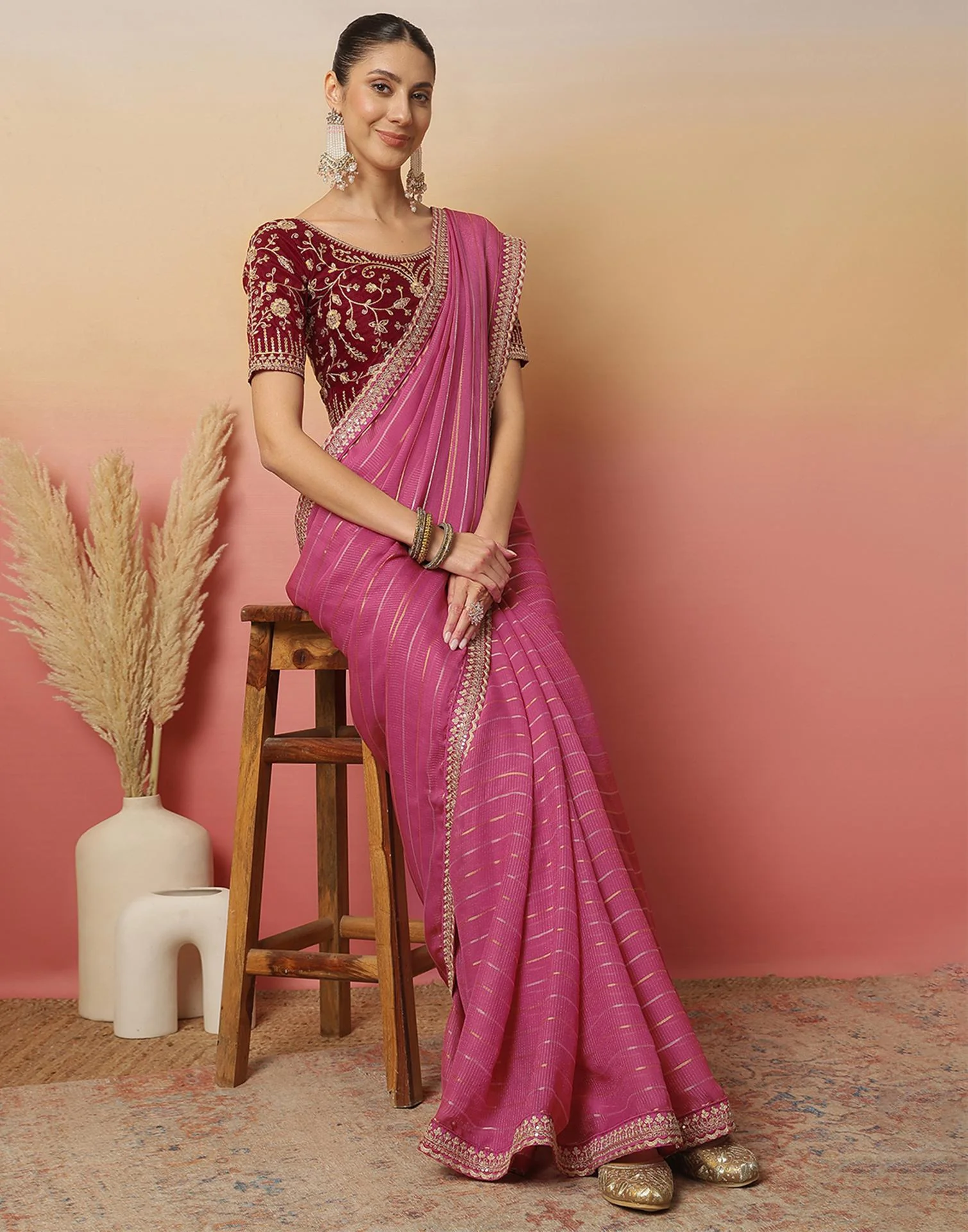 Pink Georgette Zari Stripe Lace Saree - Image 6