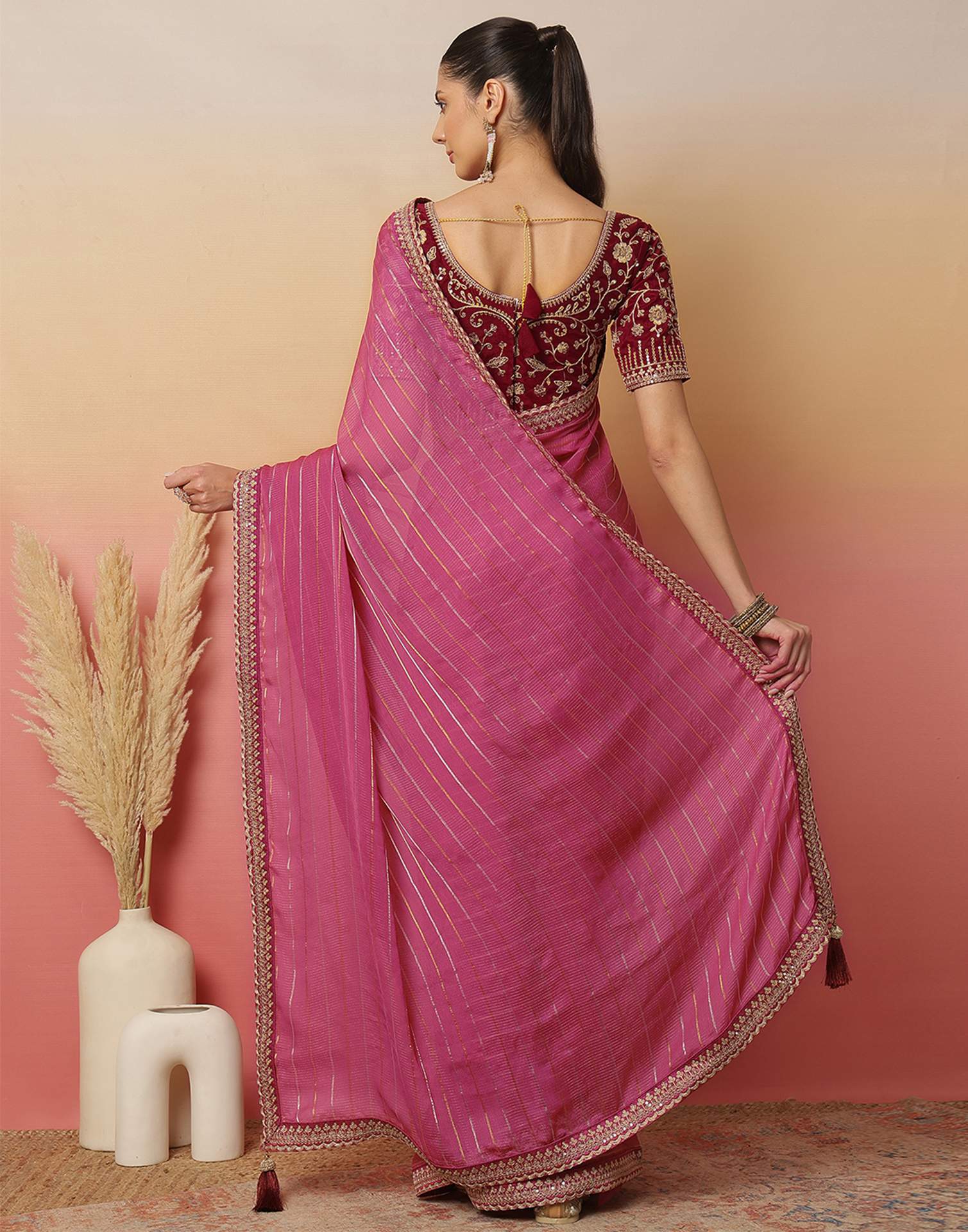 Pink Georgette Zari Stripe Lace Saree - Image 7