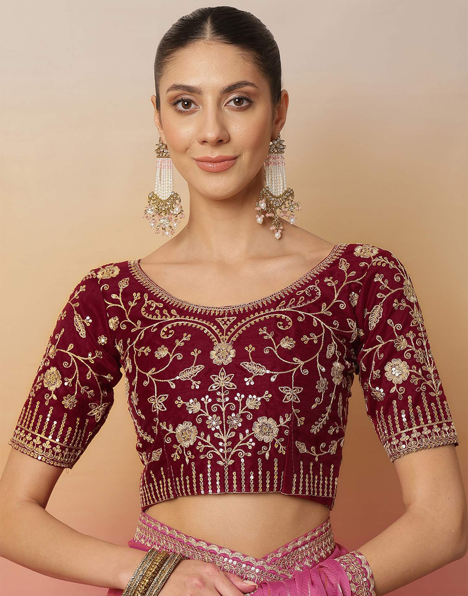 Pink Georgette Zari Stripe Lace Saree - Image 8