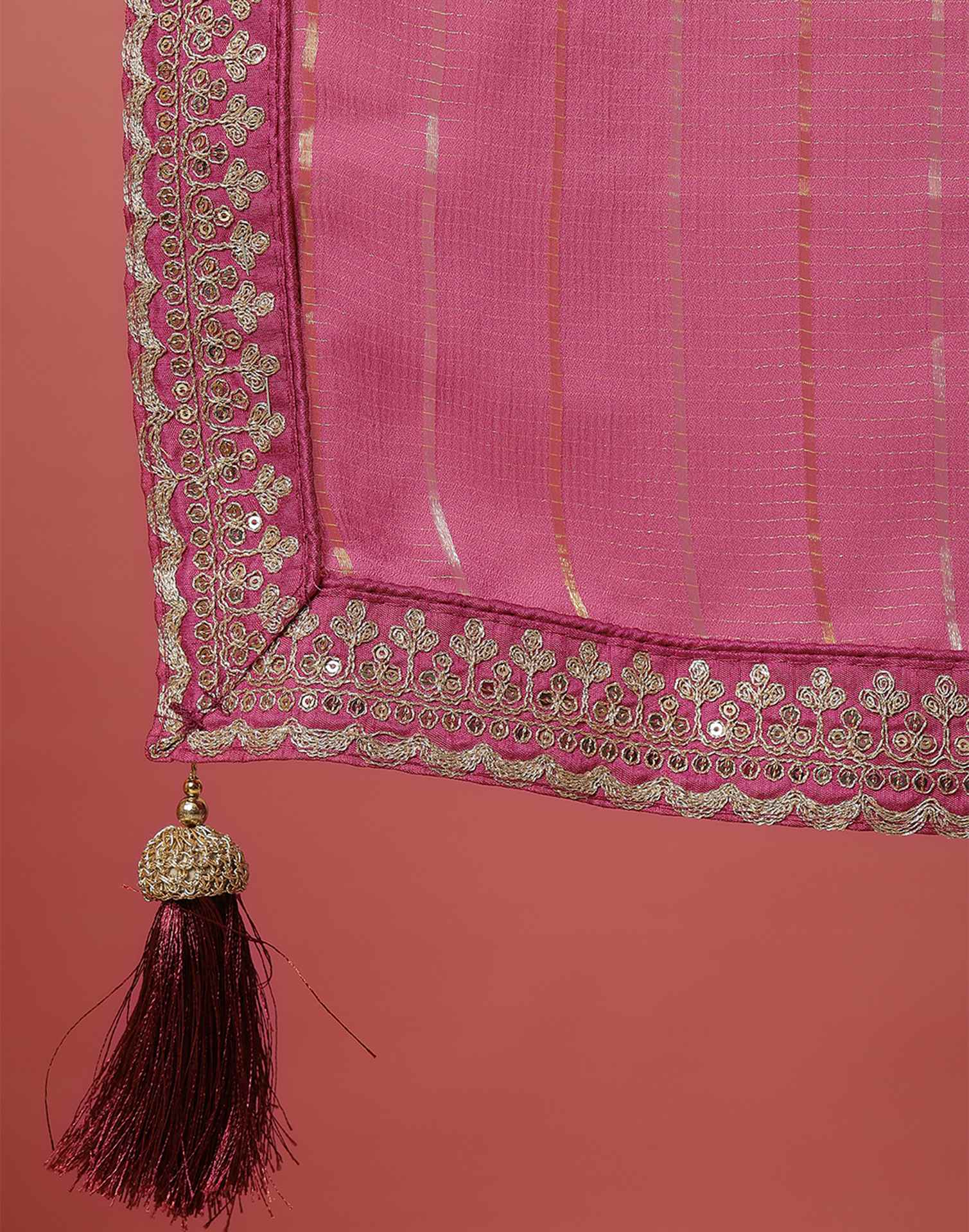 Pink Georgette Zari Stripe Lace Saree - Image 9