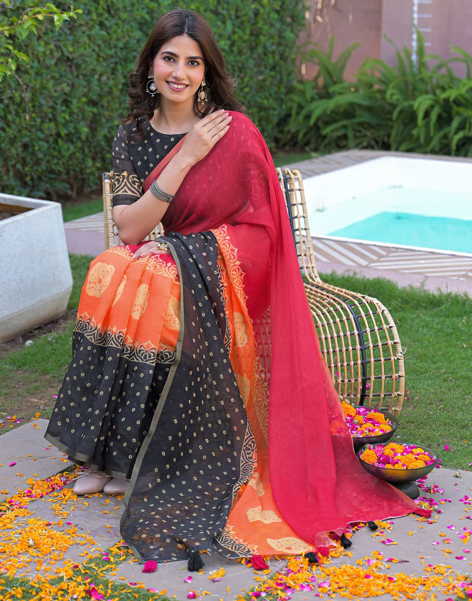 Pink Linen Bandhani Printed Printed Saree - Image 7
