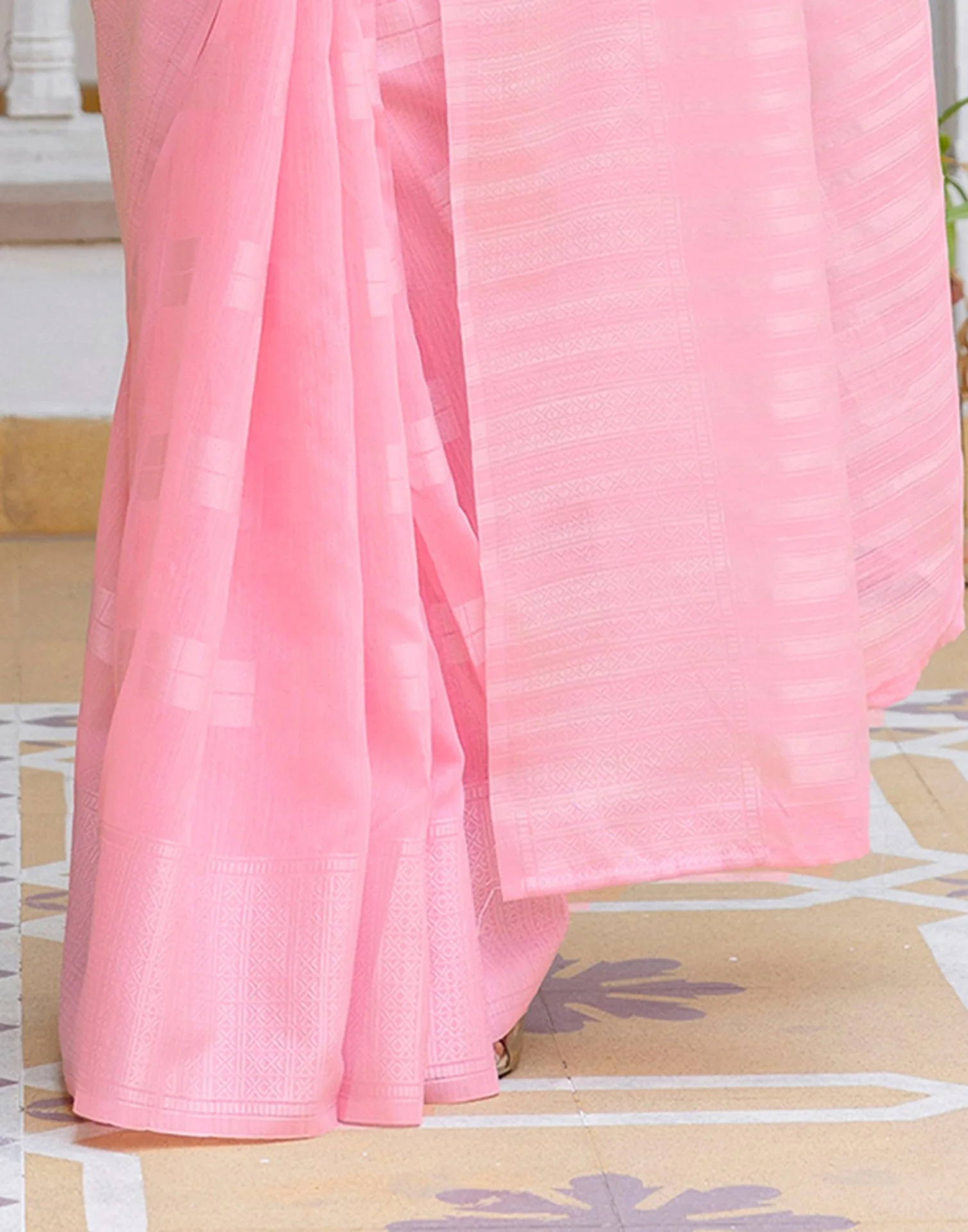 Pink Linen Woven Saree - Image 10